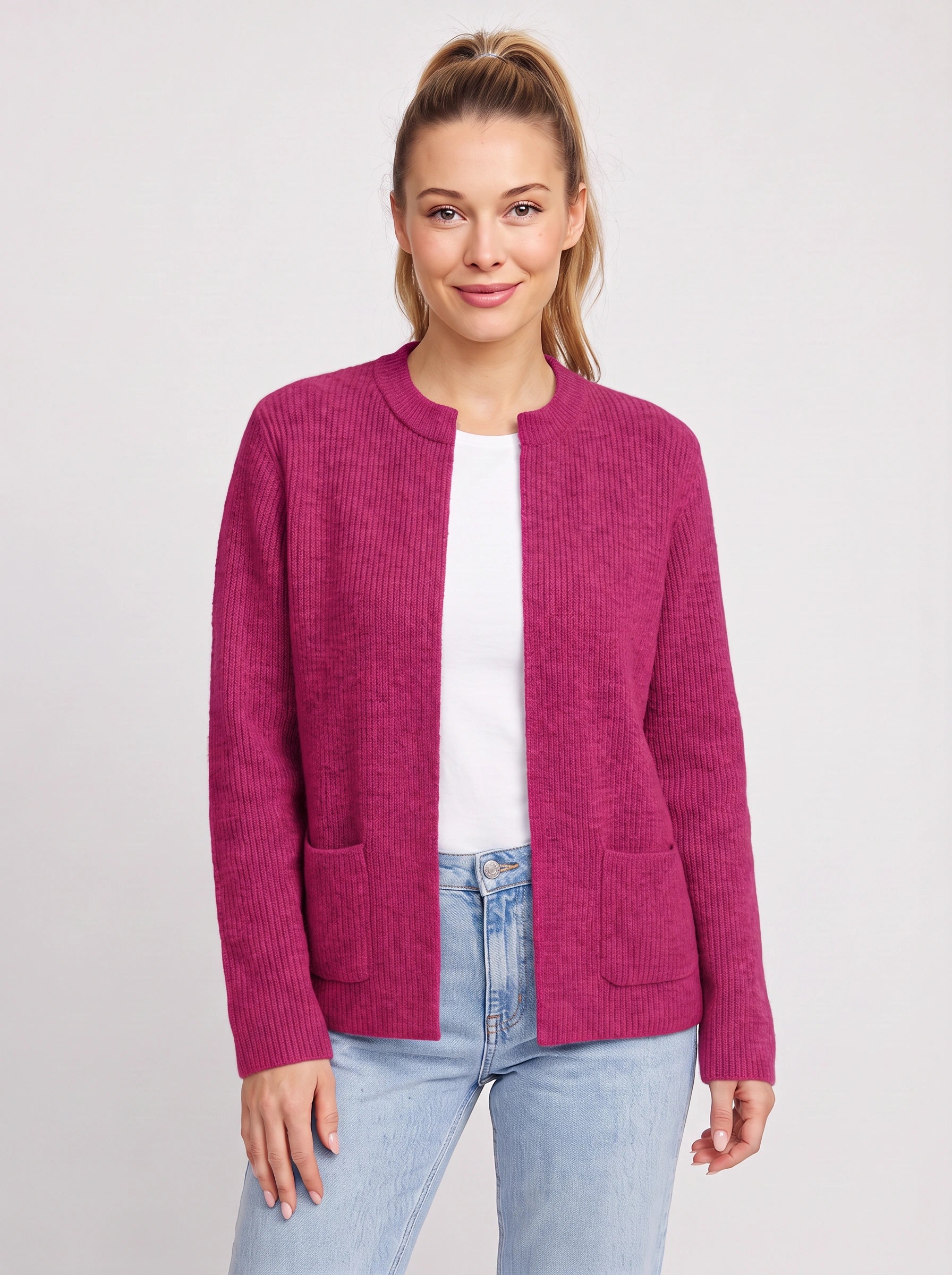 Costella Ribbed Knit Cardigan – Women Crew Neck Open Front Pockets Casual Office Cardigan Sweater