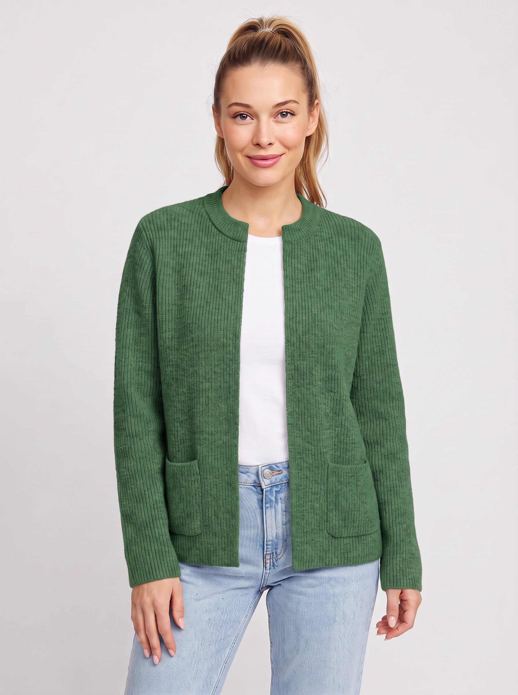 Costella Ribbed Knit Cardigan – Women Crew Neck Open Front Pockets Casual Office Cardigan Sweater