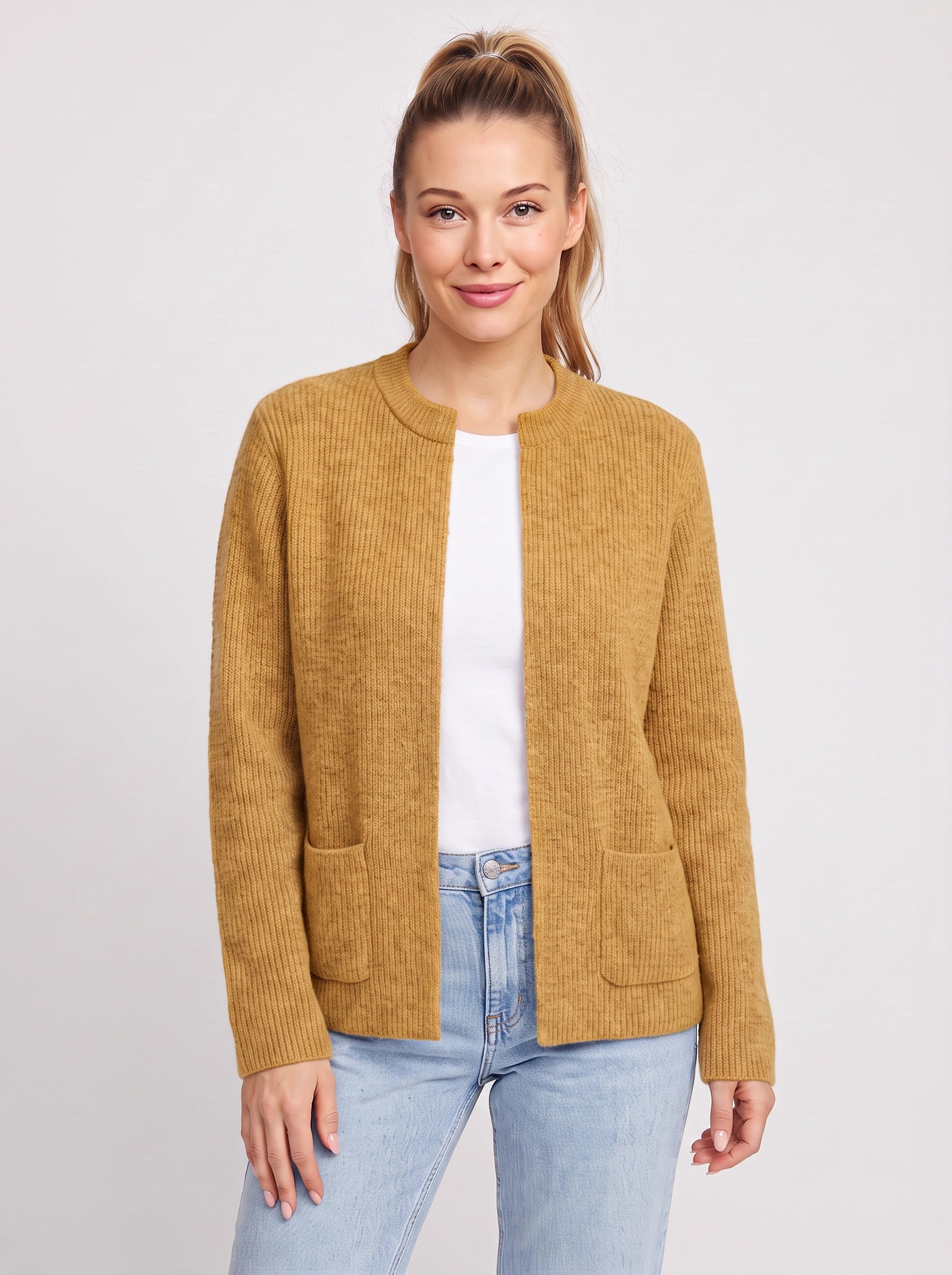 Costella Ribbed Knit Cardigan – Women Crew Neck Open Front Pockets Casual Office Cardigan Sweater