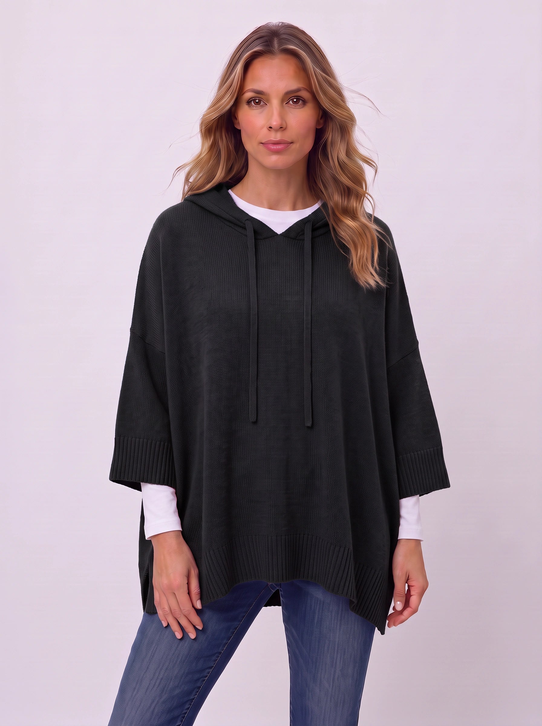 Delavique Oversized Hooded Knit Poncho – Women Long Sleeve Hoody Sweater Pullover Casual Loungewear