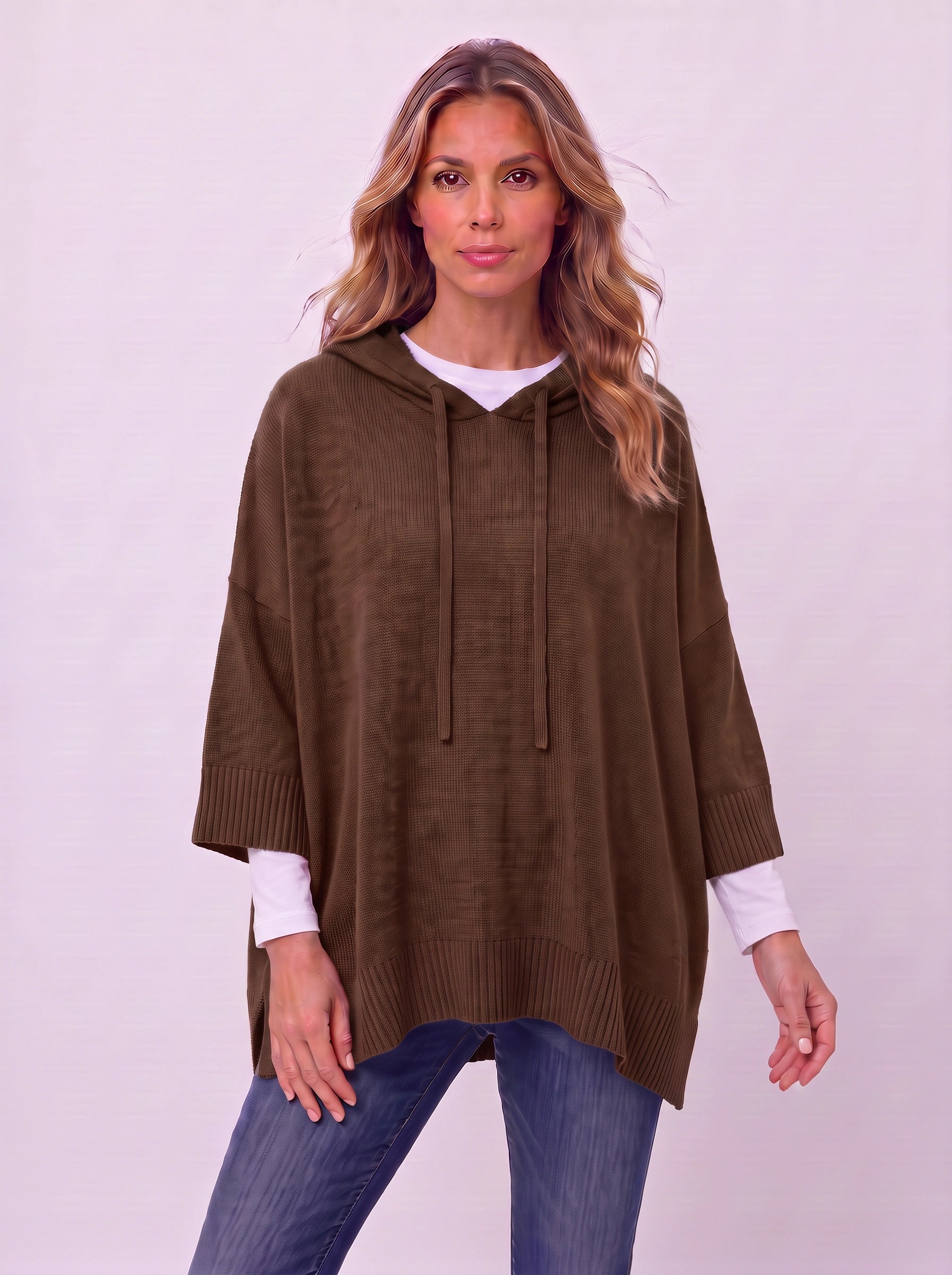 Delavique Oversized Hooded Knit Poncho – Women Long Sleeve Hoody Sweater Pullover Casual Loungewear