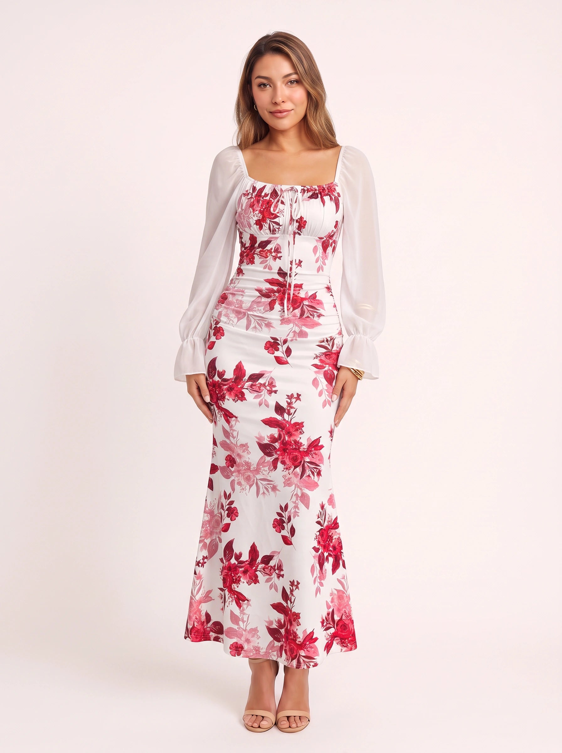 Florame Puff-Sleeve Corset Maxi Dress – Long Sleeve Maxi Dress Women Formal Wedding Guest Floral Elegant Evening Dress