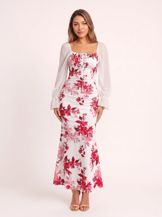Florame Puff-Sleeve Corset Maxi Dress – Long Sleeve Maxi Dress Women Formal Wedding Guest Floral Elegant Evening Dress
