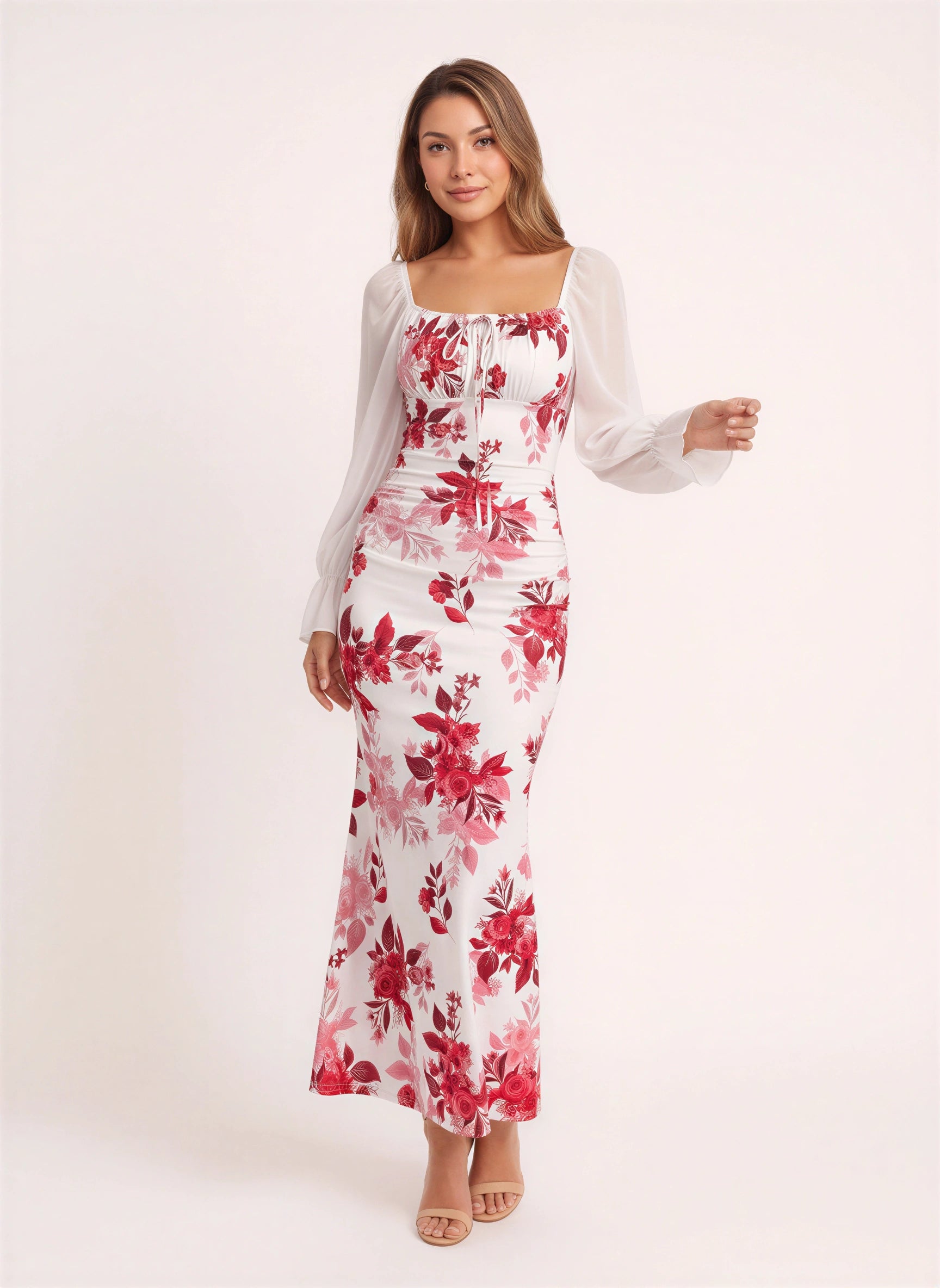 Florame Puff-Sleeve Corset Maxi Dress – Long Sleeve Maxi Dress Women Formal Wedding Guest Floral Elegant Evening Dress