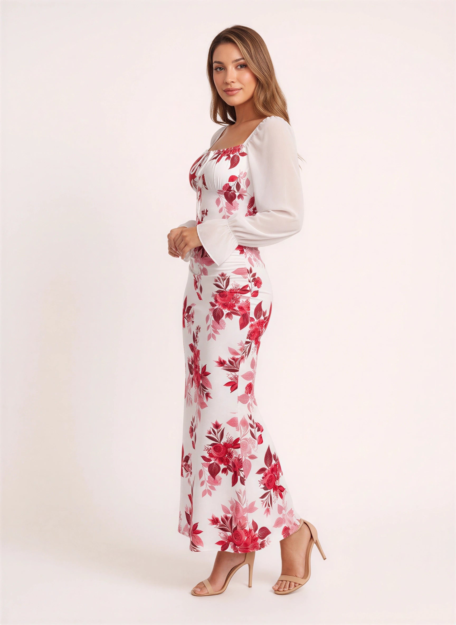 Florame Puff-Sleeve Corset Maxi Dress – Long Sleeve Maxi Dress Women Formal Wedding Guest Floral Elegant Evening Dress