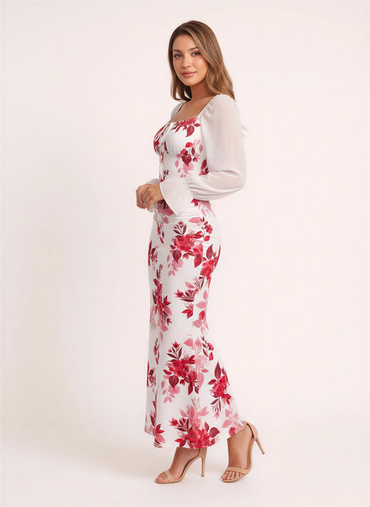 Florame Puff-Sleeve Corset Maxi Dress – Long Sleeve Maxi Dress Women Formal Wedding Guest Floral Elegant Evening Dress