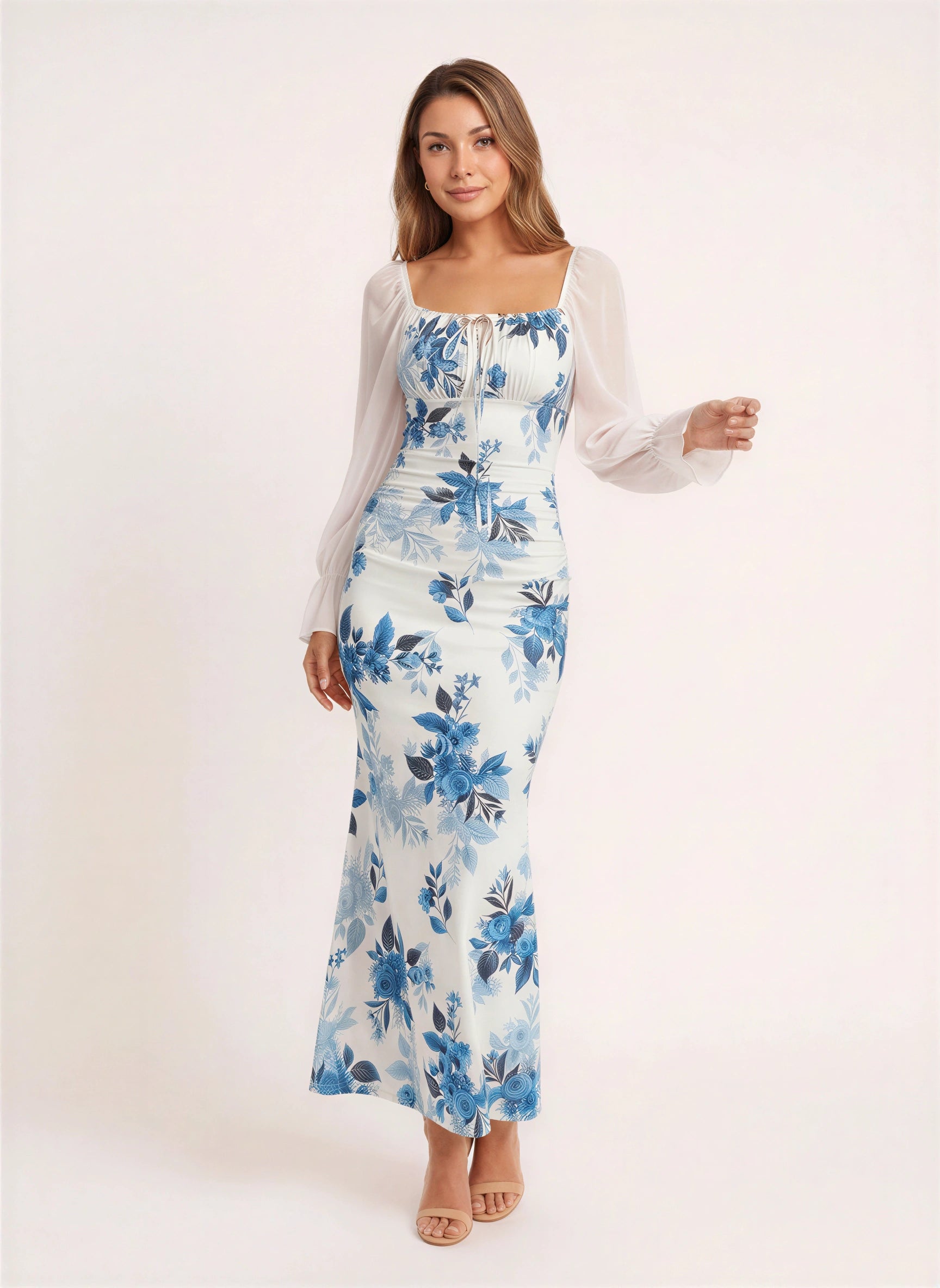 Florame Puff-Sleeve Corset Maxi Dress – Long Sleeve Maxi Dress Women Formal Wedding Guest Floral Elegant Evening Dress
