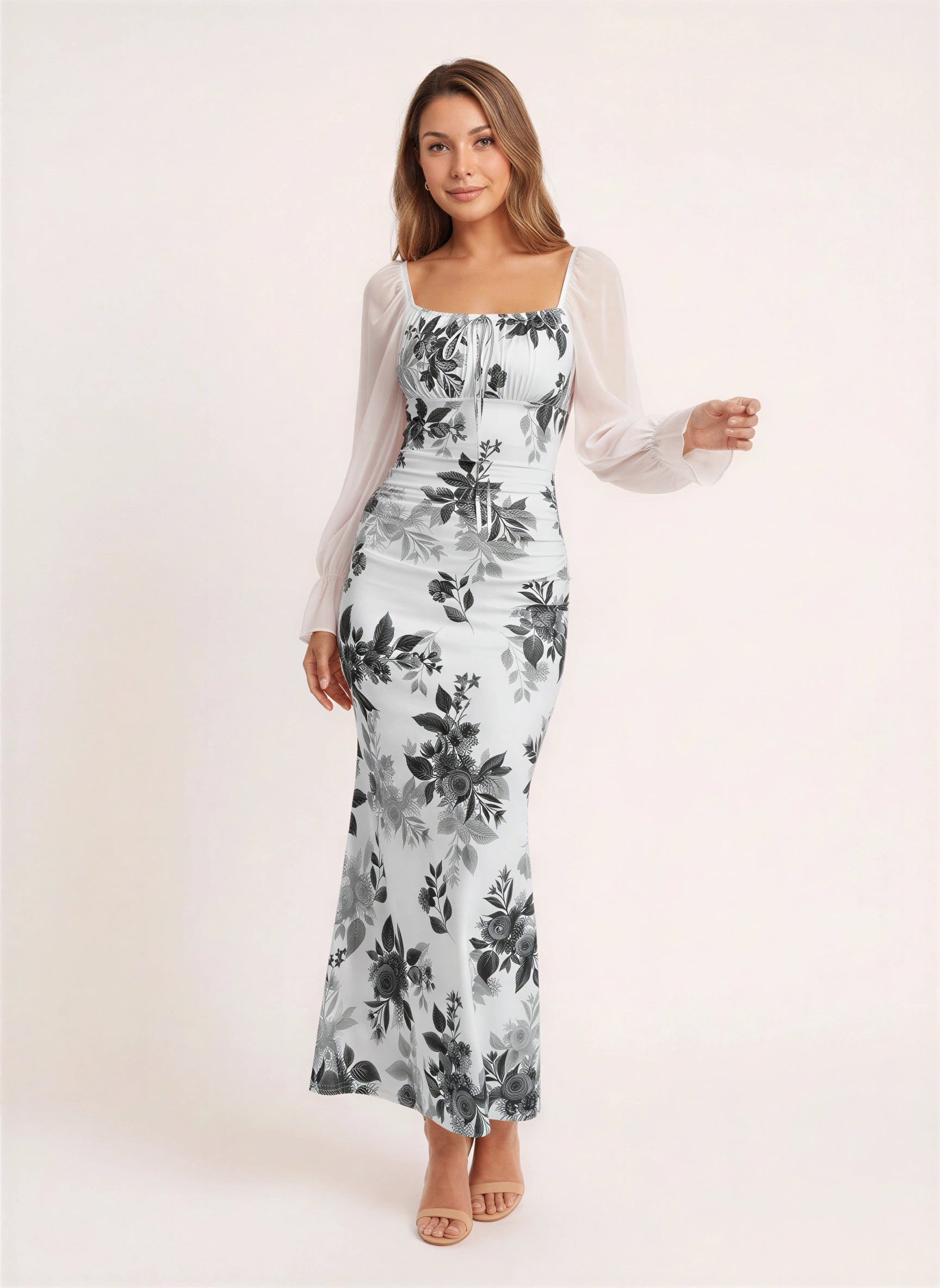 Florame Puff-Sleeve Corset Maxi Dress – Long Sleeve Maxi Dress Women Formal Wedding Guest Floral Elegant Evening Dress