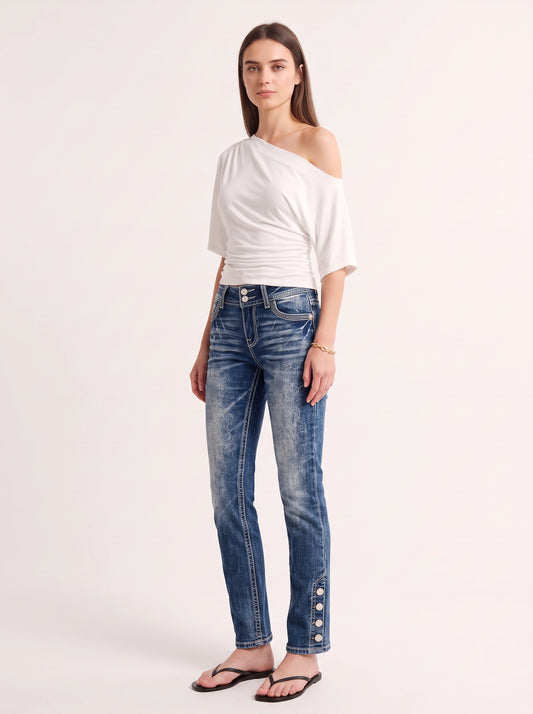 Contresh Button Detail Bootcut Jeans – High Rise Denim Women Casual Streetwear Bootcut Jeans