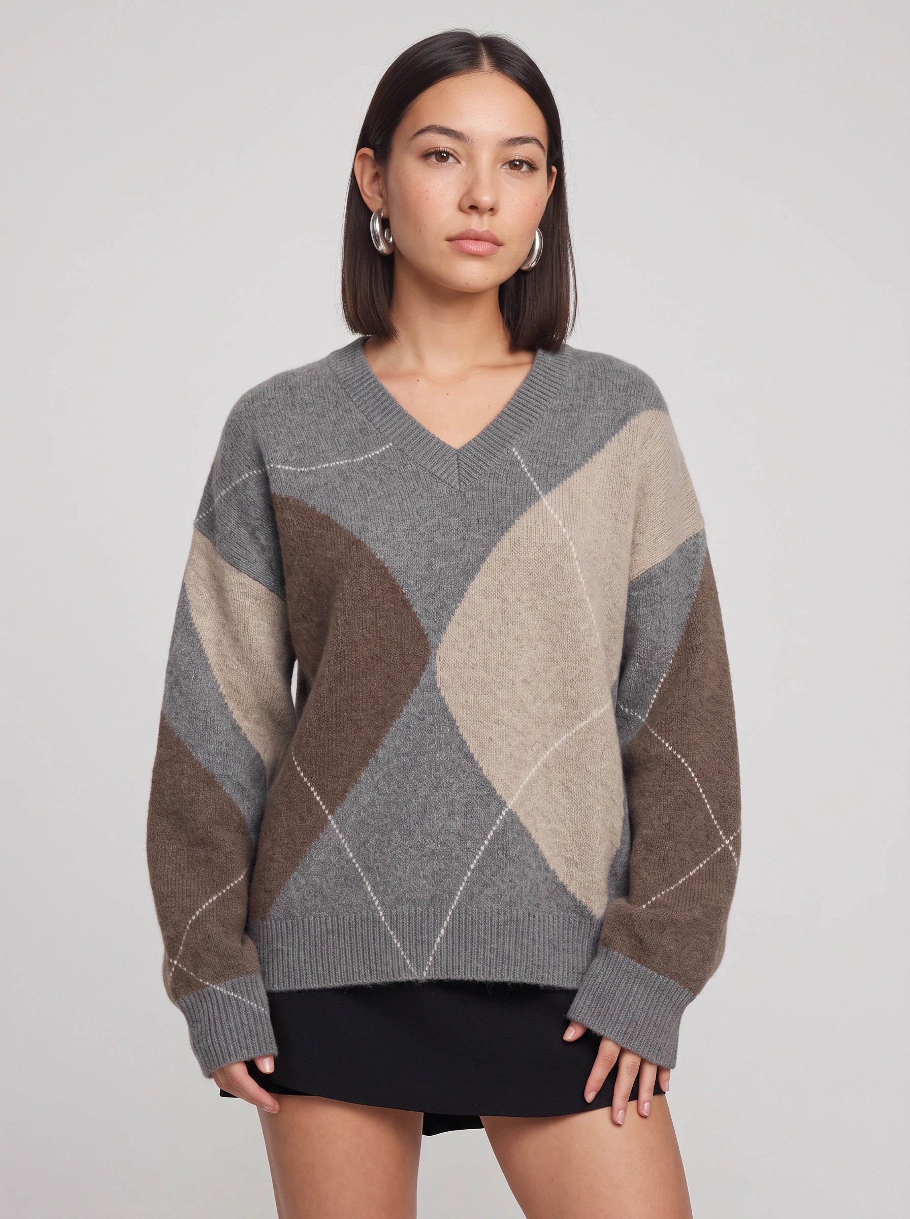 Areleon Oversized V-Neck Argyle Sweater – Women Preppy Knit Pullover Casual Streetwear Knitwear