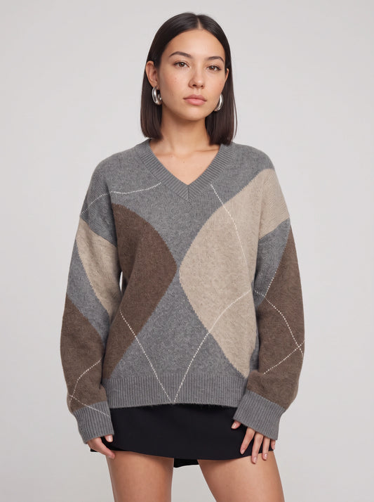 Areleon Oversized V-Neck Argyle Sweater – Women Preppy Knit Pullover Casual Streetwear Knitwear