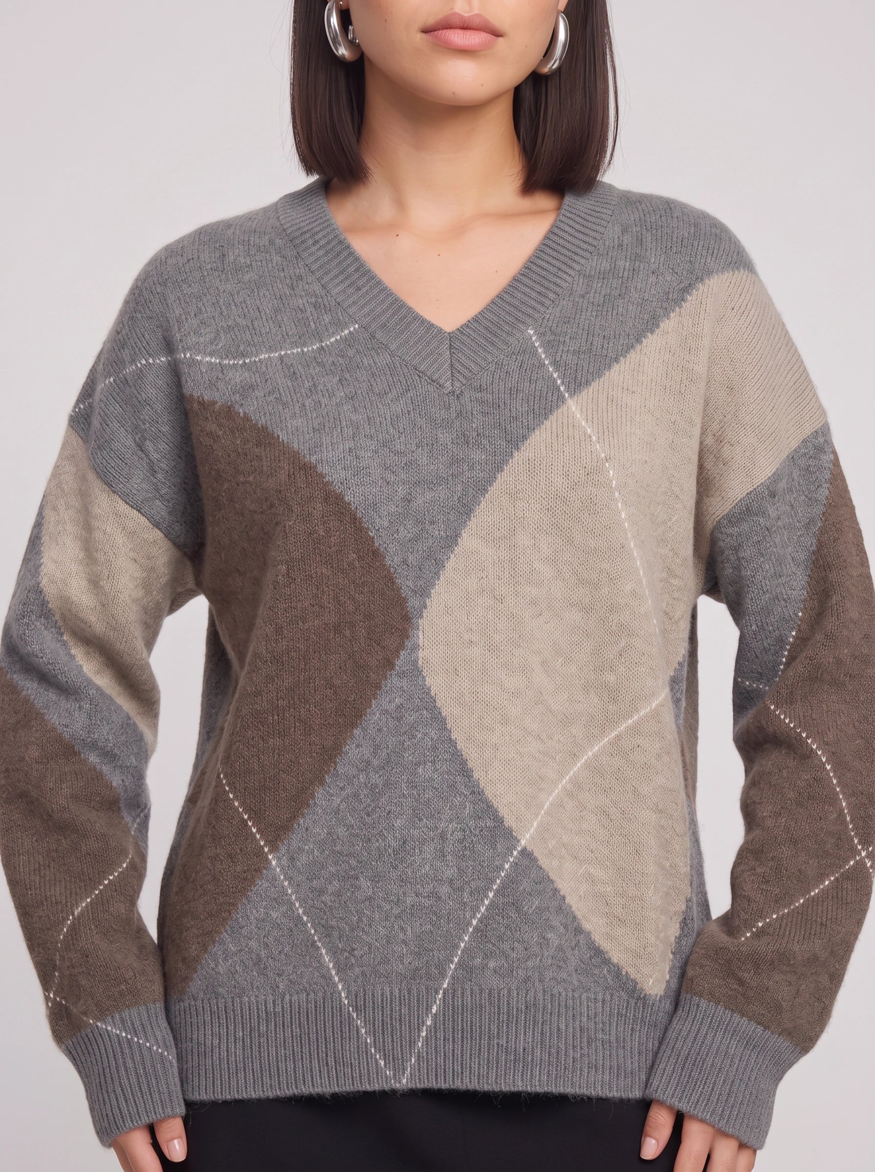 Areleon Oversized V-Neck Argyle Sweater – Women Preppy Knit Pullover Casual Streetwear Knitwear