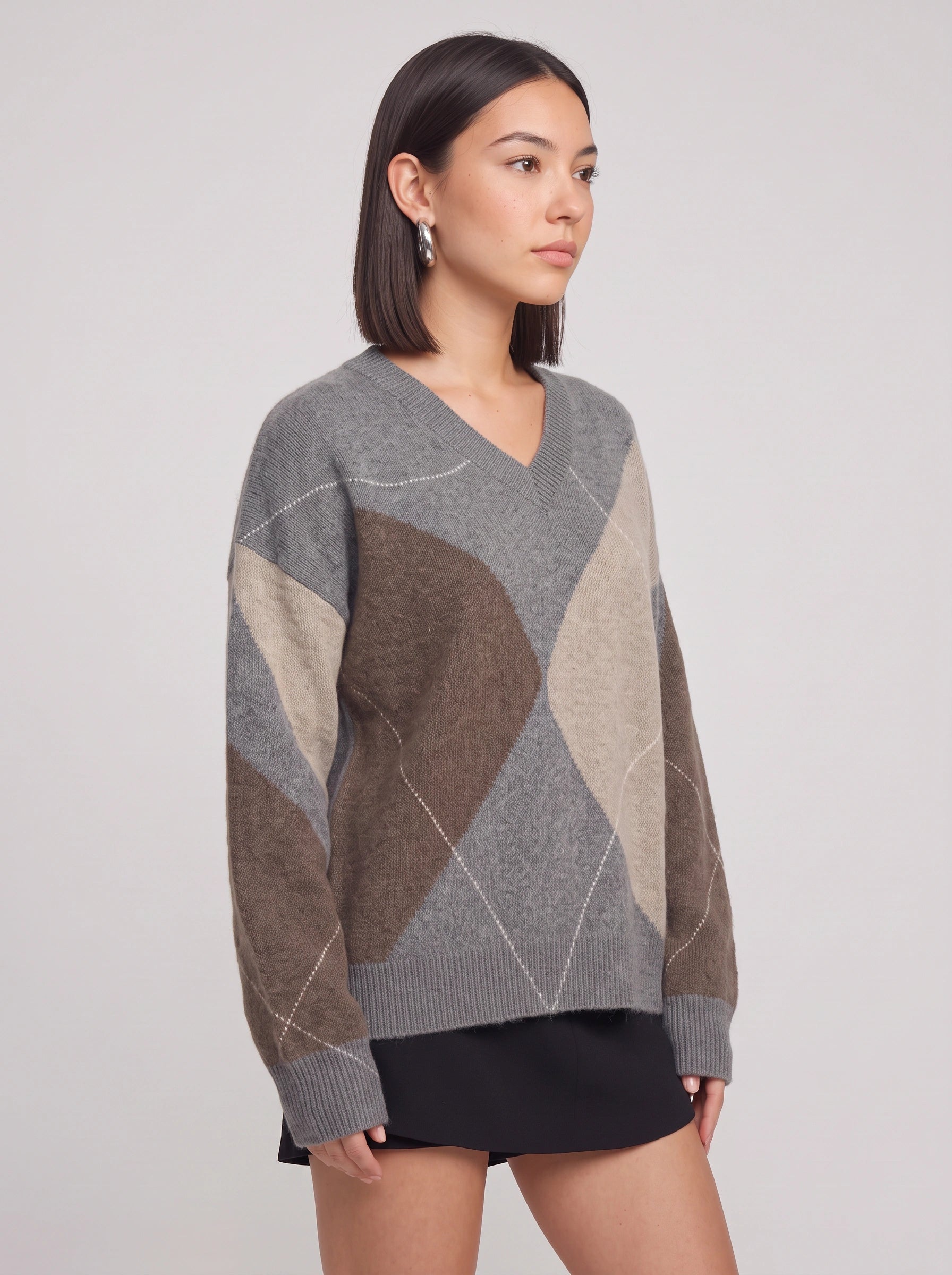 Areleon Oversized V-Neck Argyle Sweater – Women Preppy Knit Pullover Casual Streetwear Knitwear