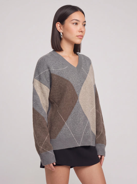 Areleon Oversized V-Neck Argyle Sweater – Women Preppy Knit Pullover Casual Streetwear Knitwear