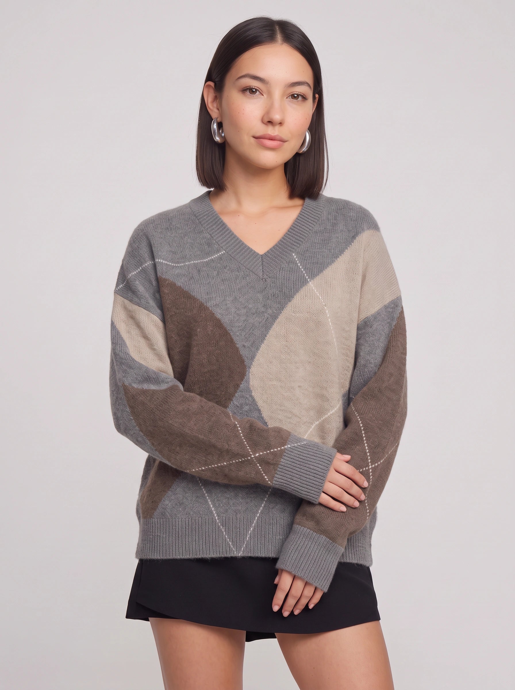 Areleon Oversized V-Neck Argyle Sweater – Women Preppy Knit Pullover Casual Streetwear Knitwear