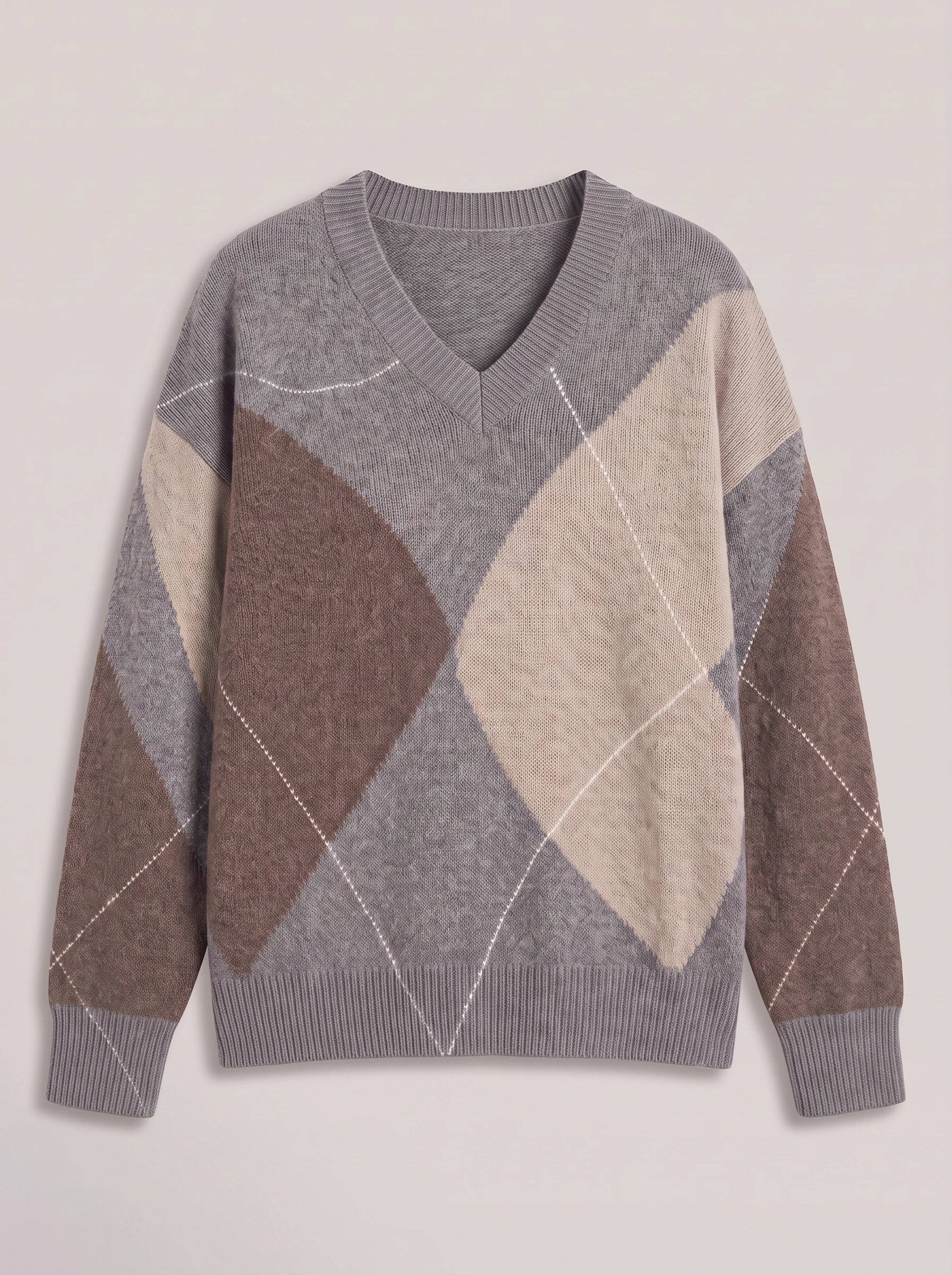 Areleon Oversized V-Neck Argyle Sweater – Women Preppy Knit Pullover Casual Streetwear Knitwear