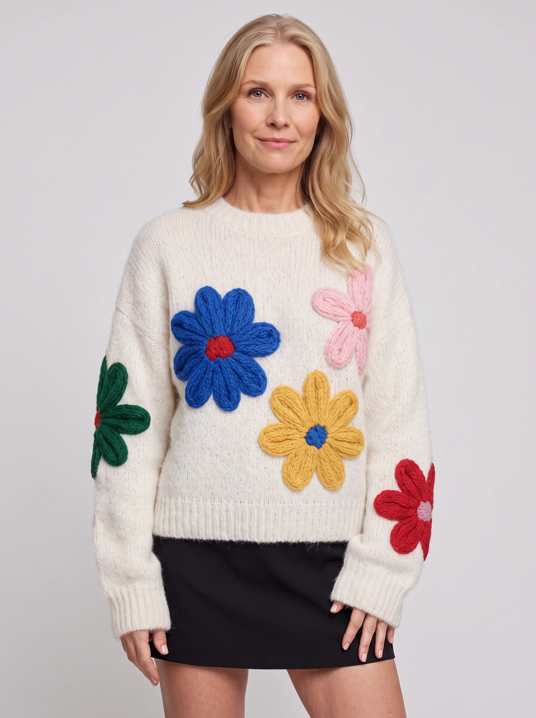 Pull en maille Floradon avec appliqué - Pull oversize pour femme, motif floral brodé, col rond, maille épaisse pour l'hiver