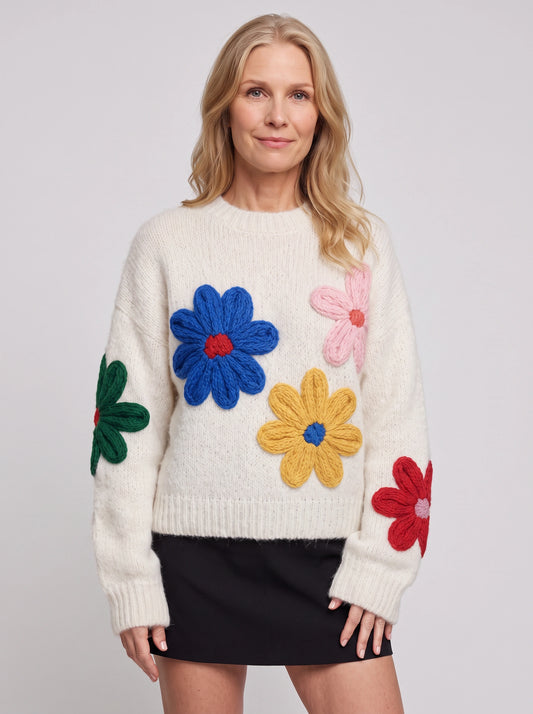 Floradon Appliqué Knit Sweater – Women Oversized Floral Embroidered Pullover Winter Chunky Crewneck Sweater