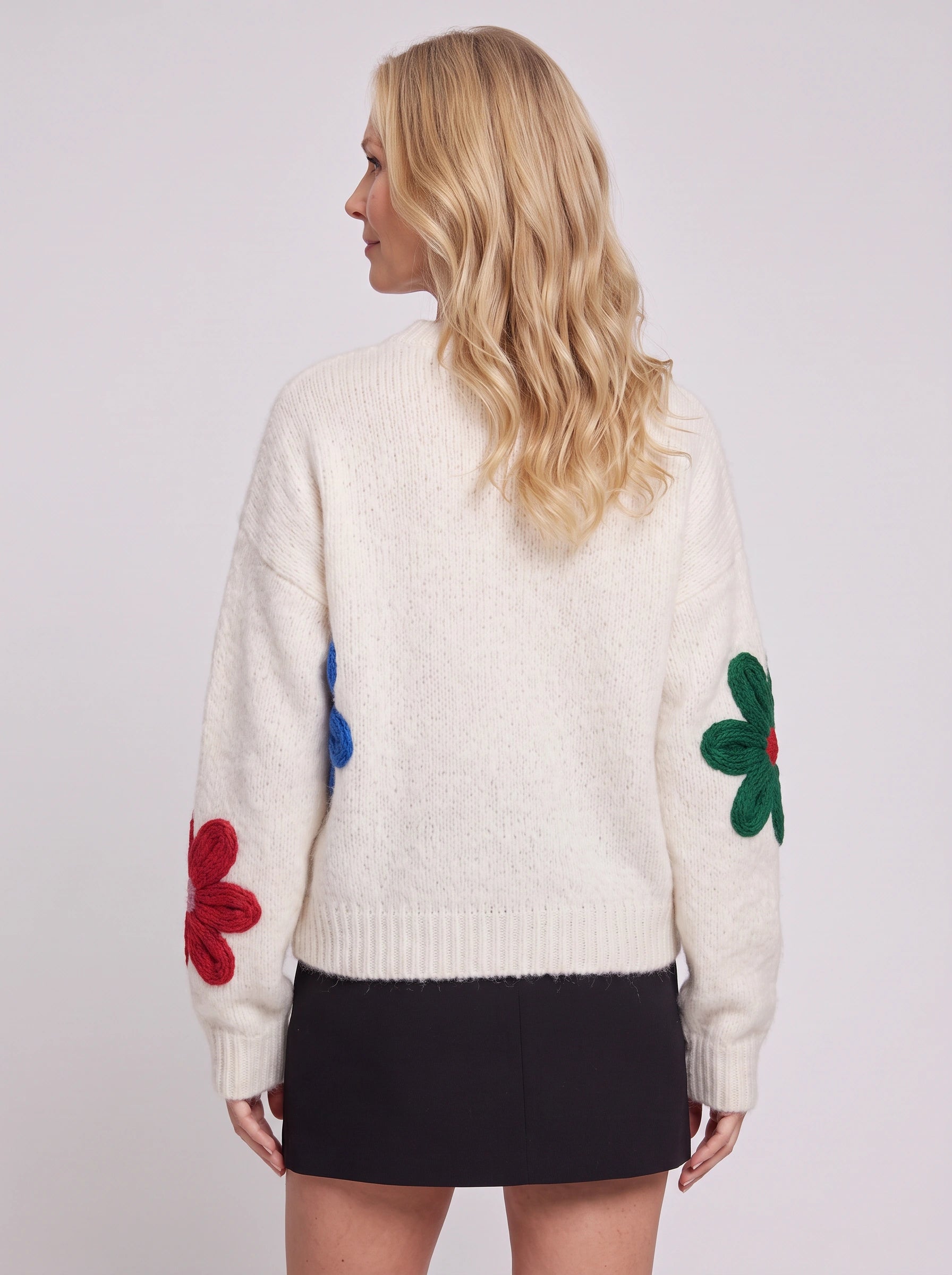 Pull en maille Floradon avec appliqué - Pull oversize pour femme, motif floral brodé, col rond, maille épaisse pour l'hiver