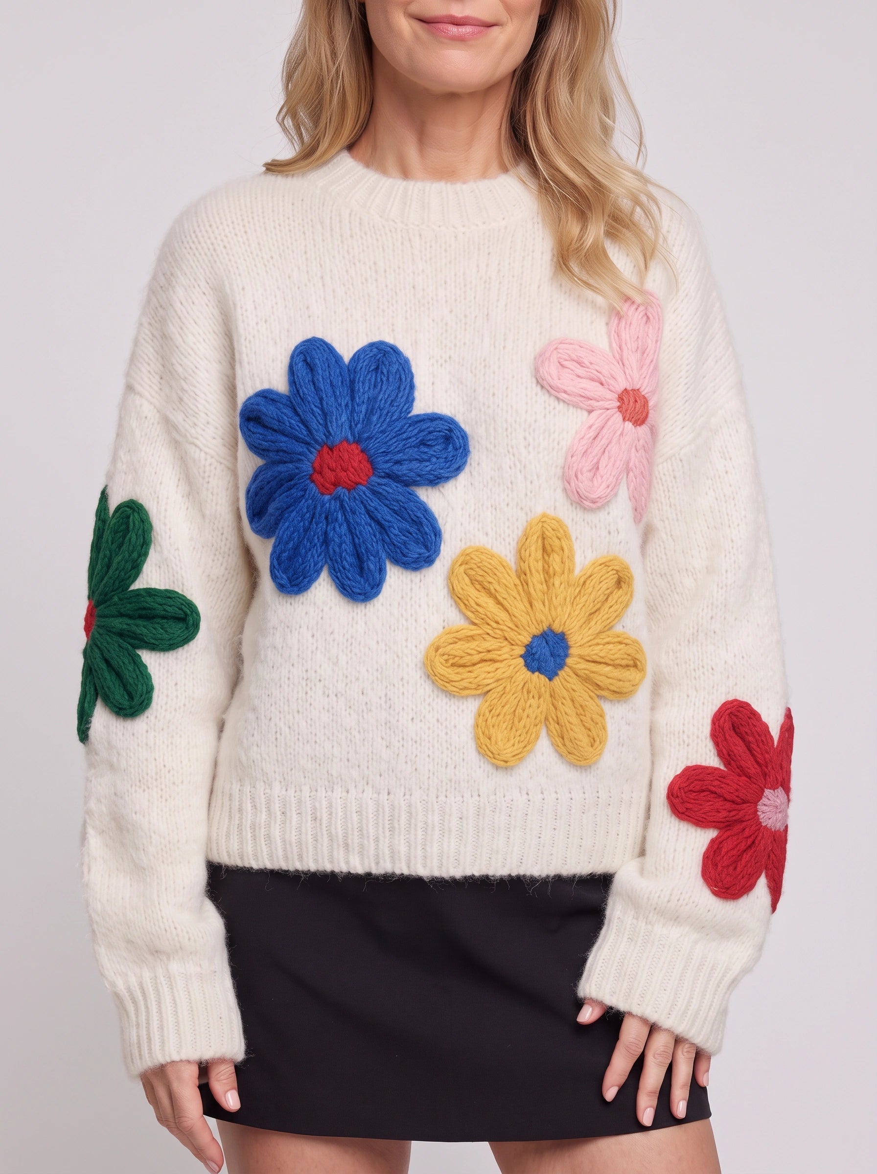 Pull en maille Floradon avec appliqué - Pull oversize pour femme, motif floral brodé, col rond, maille épaisse pour l'hiver