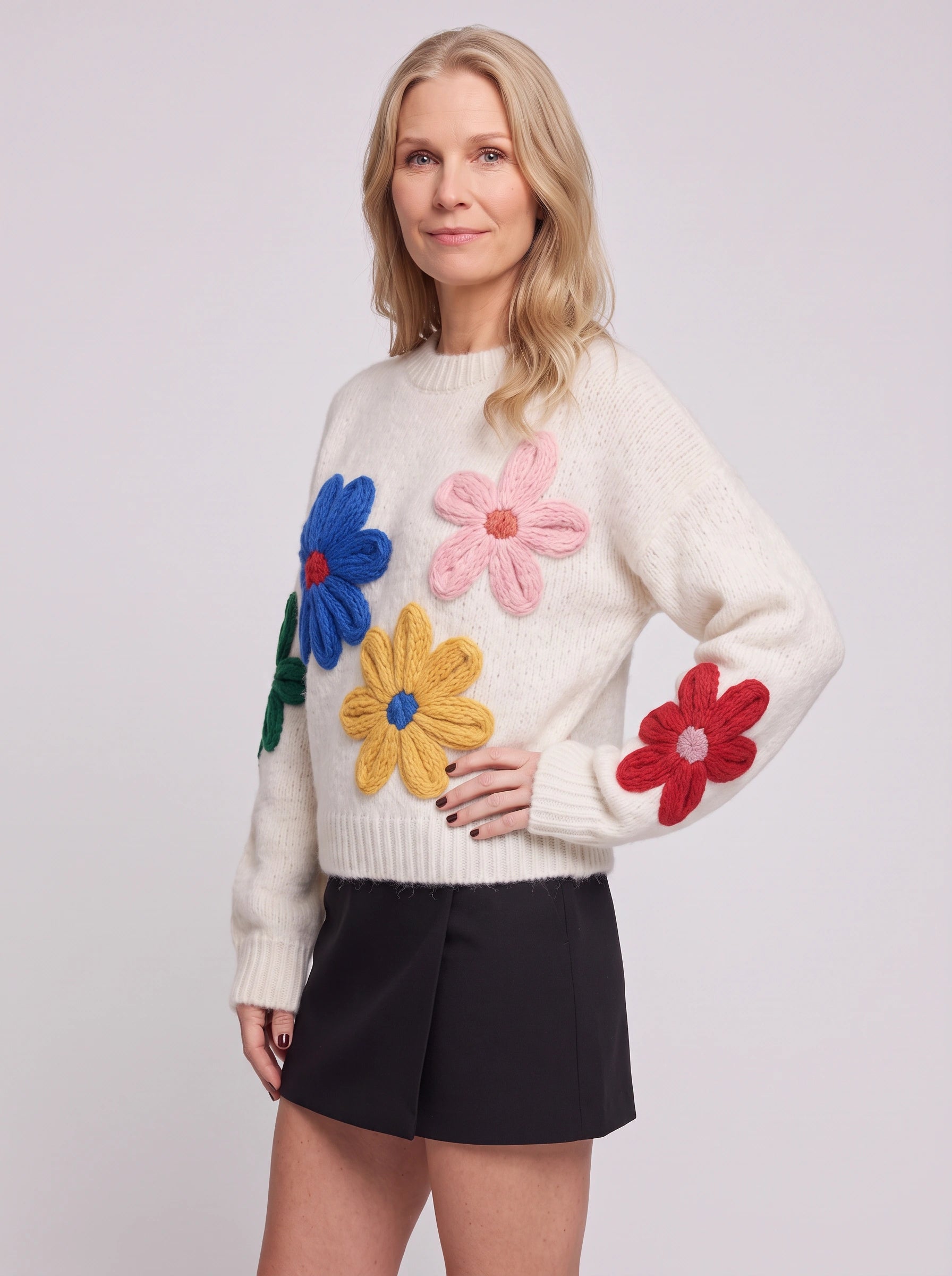 Pull en maille Floradon avec appliqué - Pull oversize pour femme, motif floral brodé, col rond, maille épaisse pour l'hiver