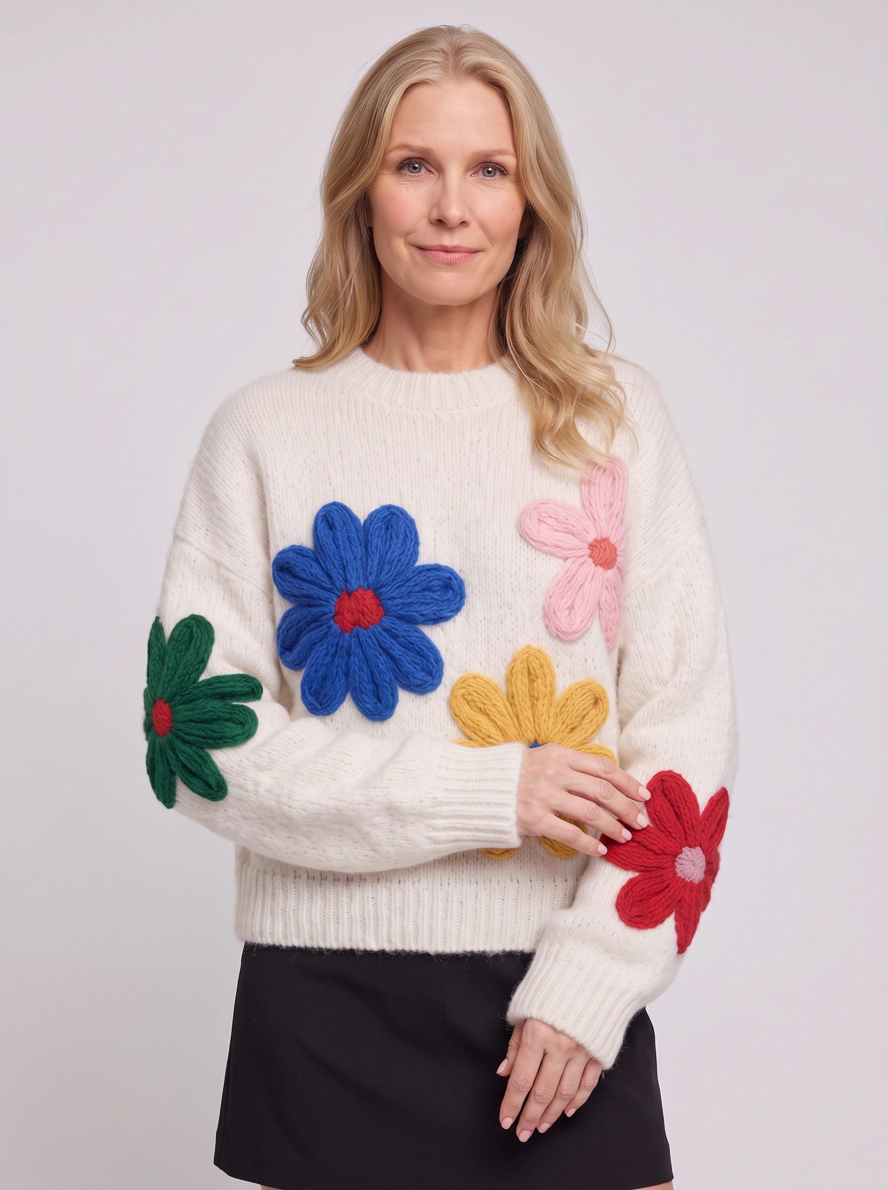 Pull en maille Floradon avec appliqué - Pull oversize pour femme, motif floral brodé, col rond, maille épaisse pour l'hiver