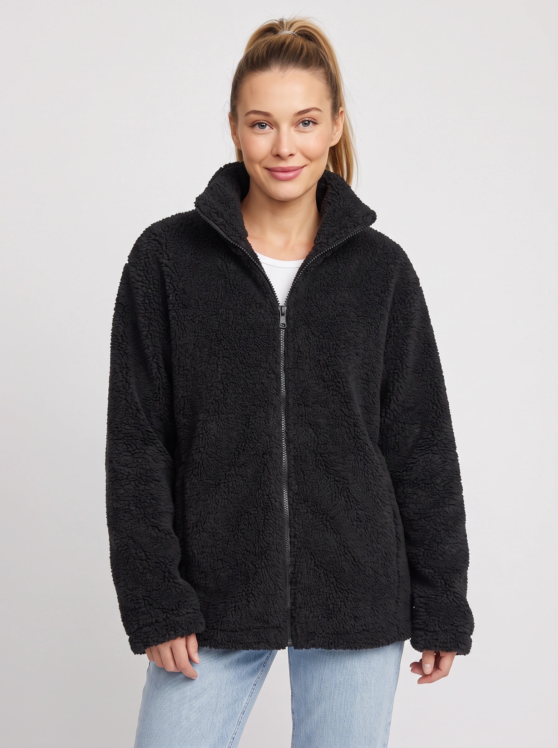 Veste oversize Areleon en polaire sherpa avec fermeture éclair - Veste douce zippée pour femme, manteau teddy douillet d'hiver