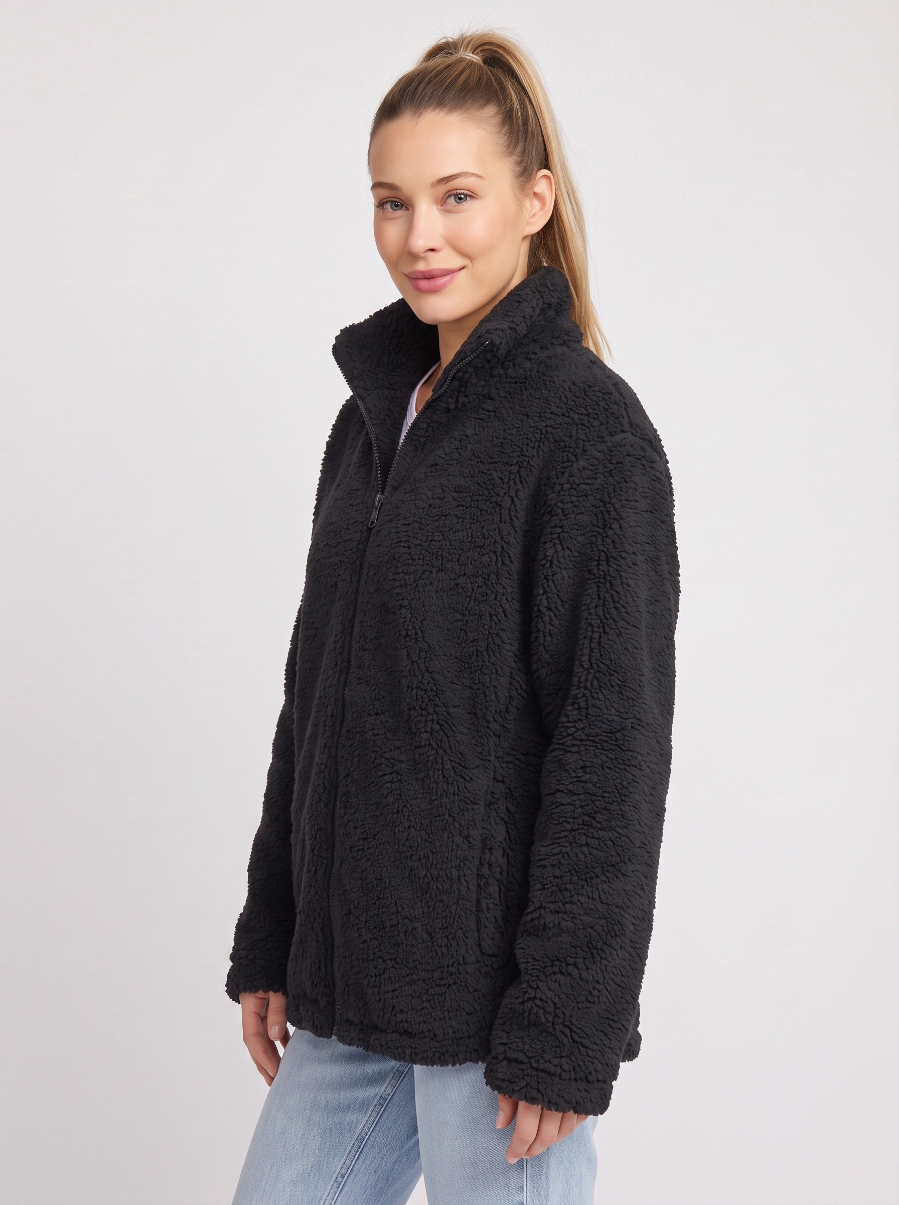 Veste oversize Areleon en polaire sherpa avec fermeture éclair - Veste douce zippée pour femme, manteau teddy douillet d'hiver