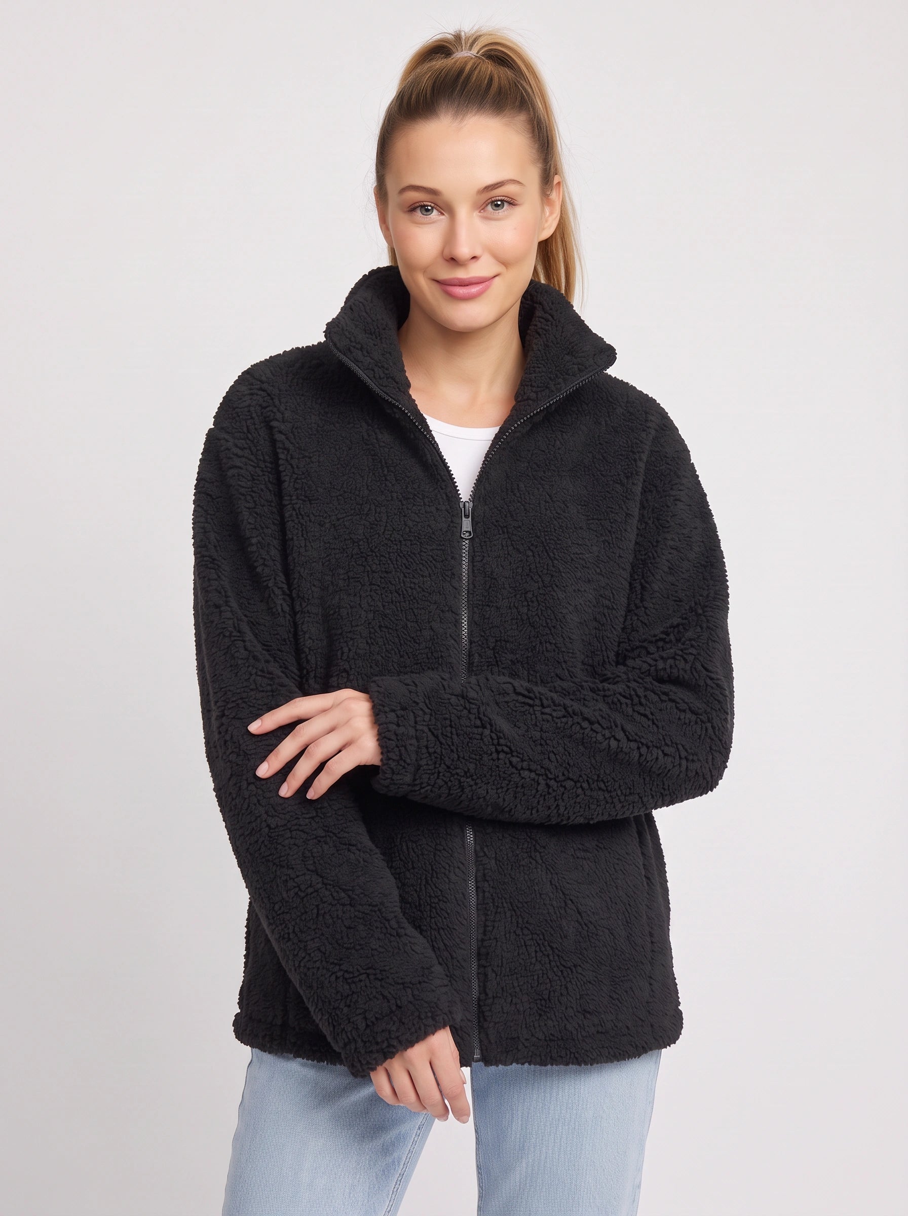 Veste oversize Areleon en polaire sherpa avec fermeture éclair - Veste douce zippée pour femme, manteau teddy douillet d'hiver