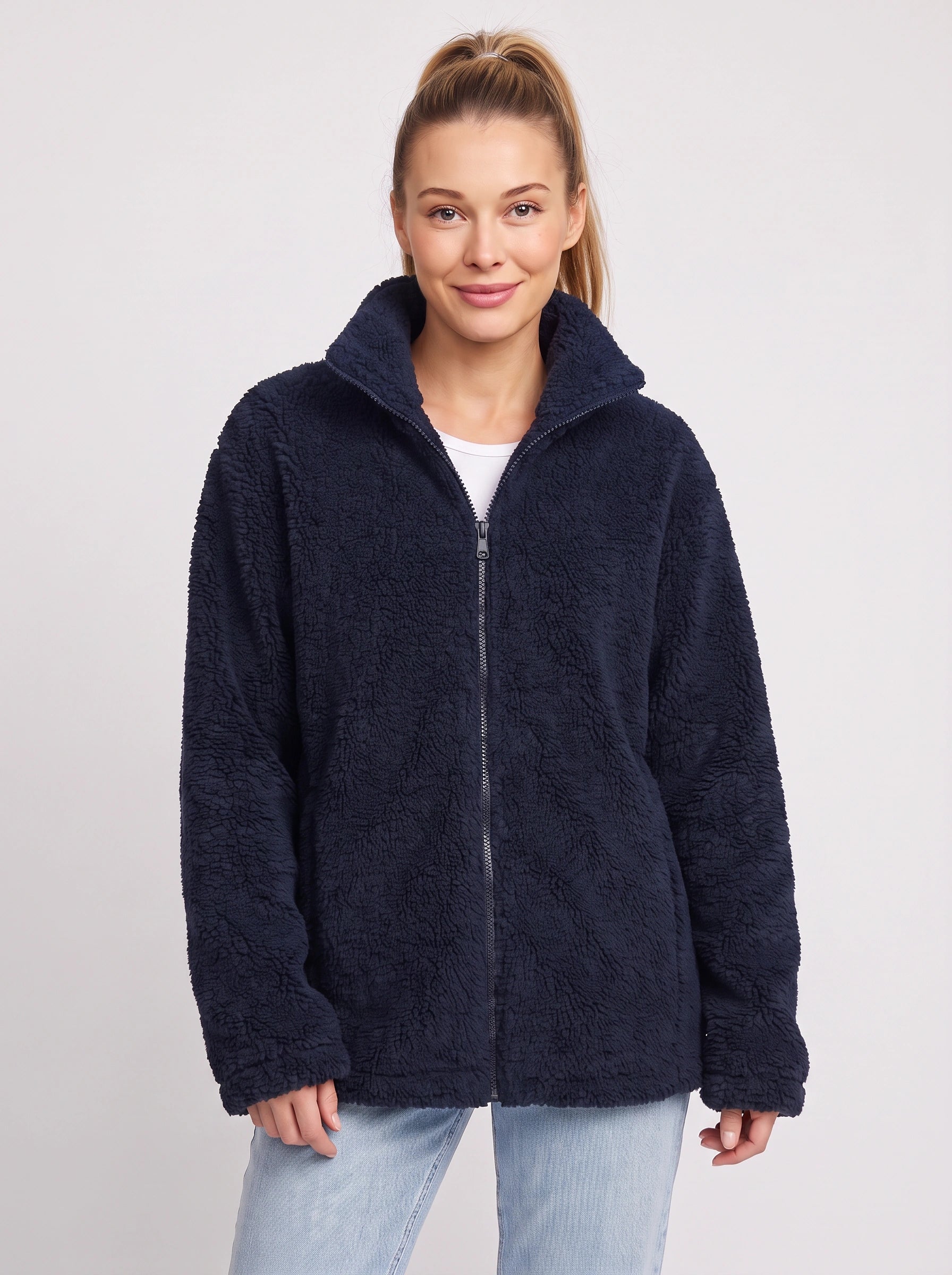 Veste oversize Areleon en polaire sherpa avec fermeture éclair - Veste douce zippée pour femme, manteau teddy douillet d'hiver