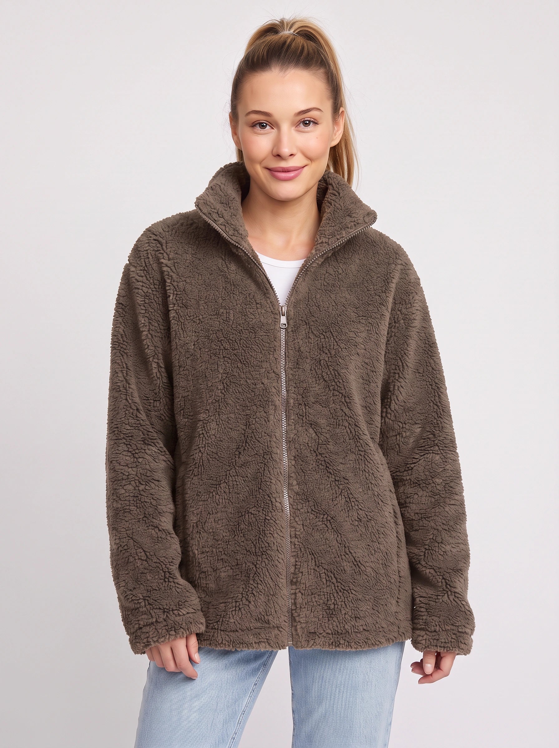 Veste oversize Areleon en polaire sherpa avec fermeture éclair - Veste douce zippée pour femme, manteau teddy douillet d'hiver