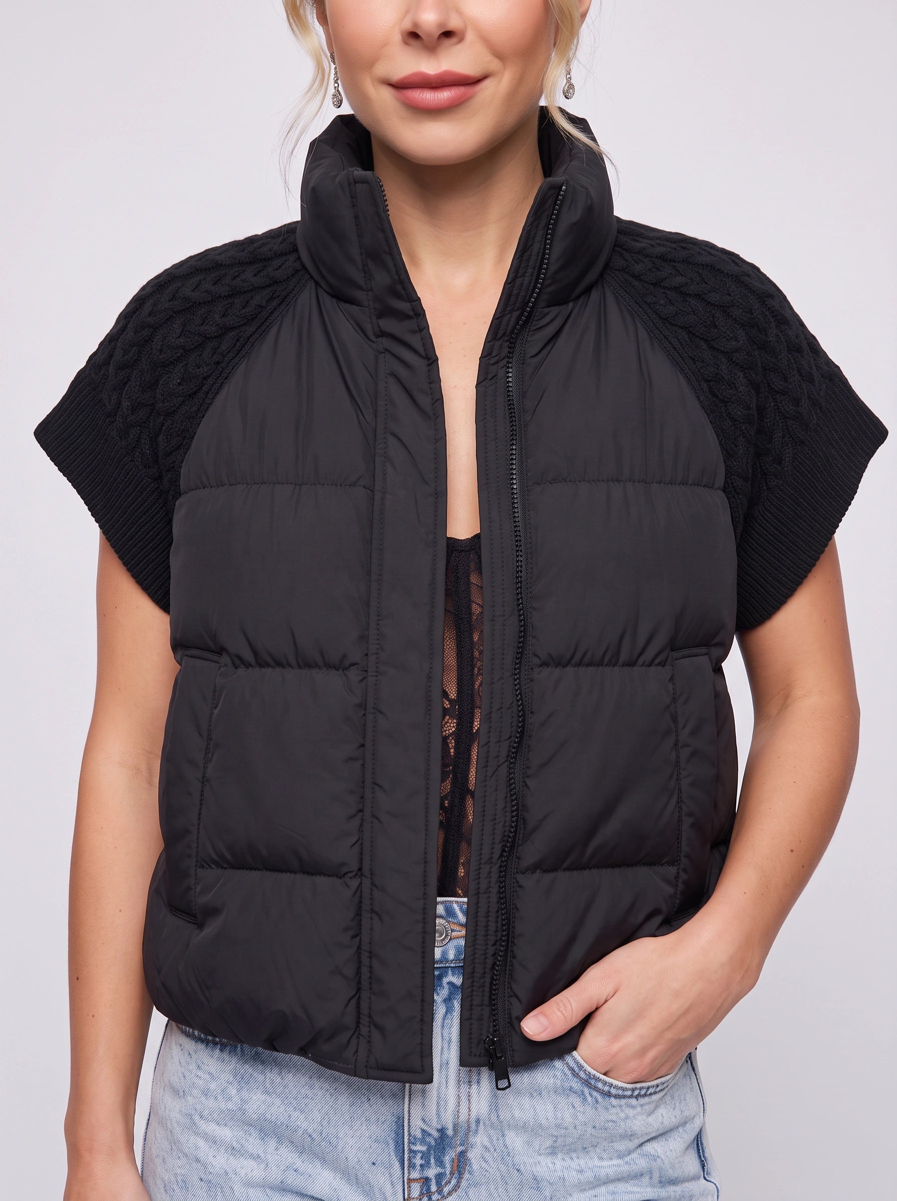 Doudoune sans manches Areleon matelassée à manches en maille - Veste d'hiver courte pour femme, gilet décontracté streetwear
