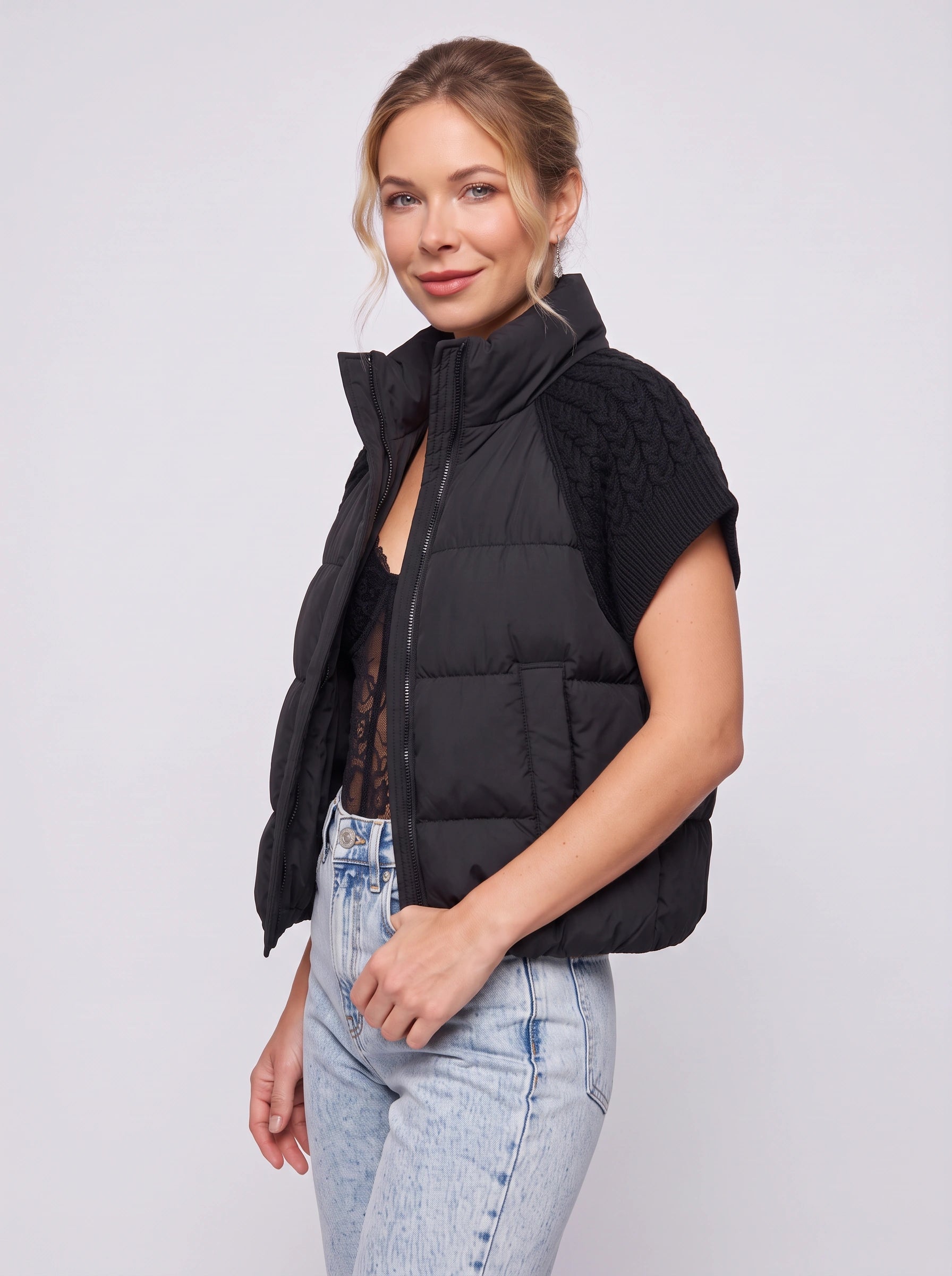 Doudoune sans manches Areleon matelassée à manches en maille - Veste d'hiver courte pour femme, gilet décontracté streetwear