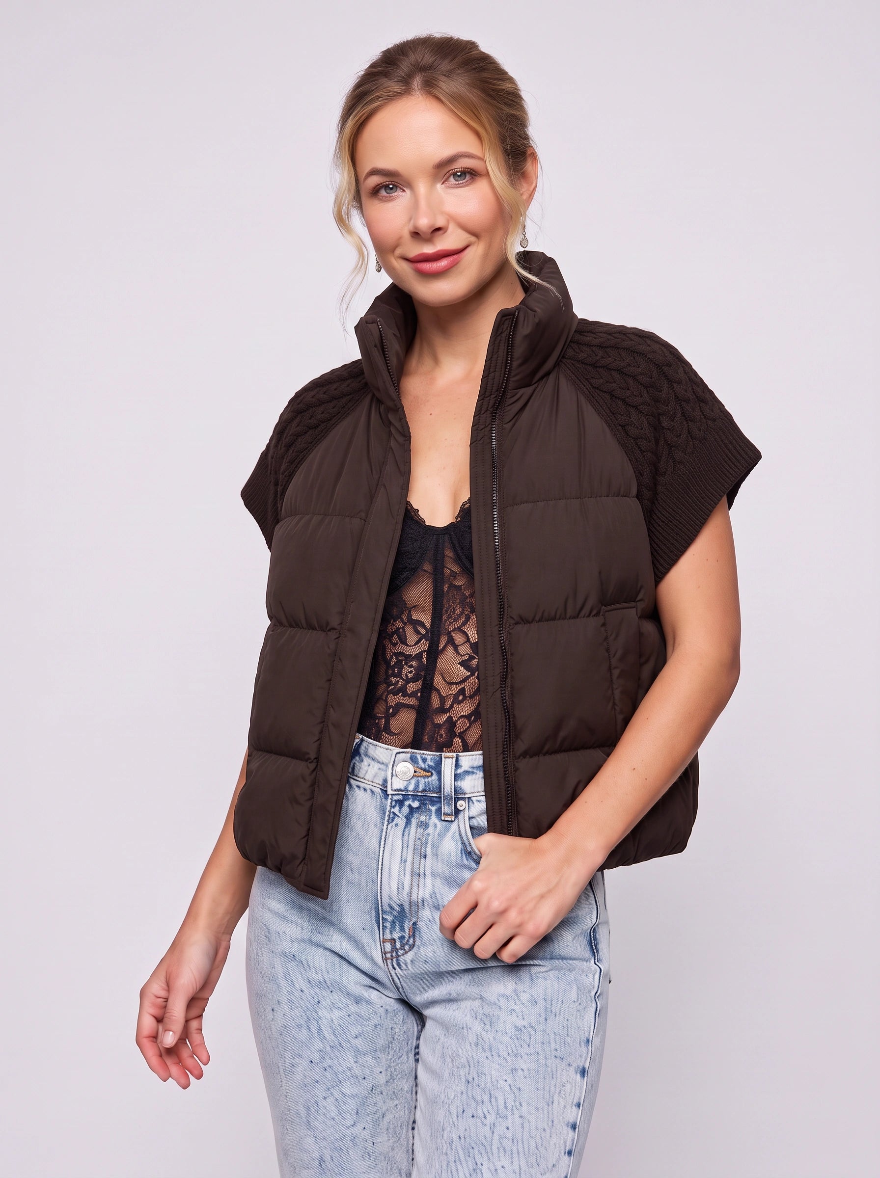 Doudoune sans manches Areleon matelassée à manches en maille - Veste d'hiver courte pour femme, gilet décontracté streetwear