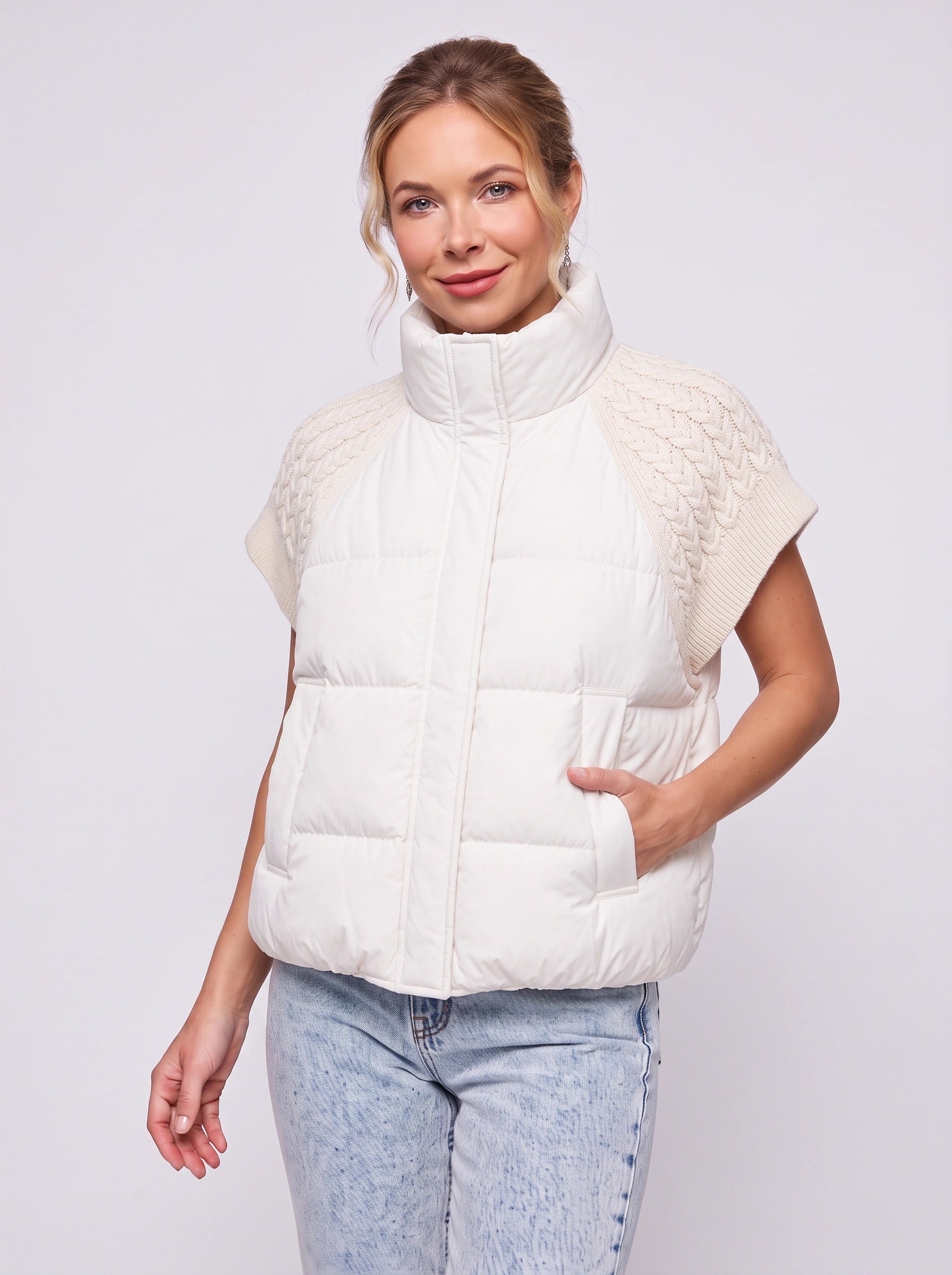 Doudoune sans manches Areleon matelassée à manches en maille - Veste d'hiver courte pour femme, gilet décontracté streetwear