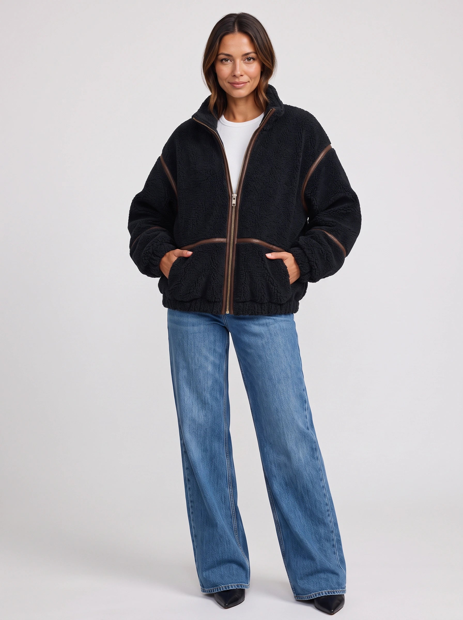 Blouson bomber oversize Trimflek en sherpa - Veste en polaire zippée pour femme, manteau décontracté d'hiver streetwear