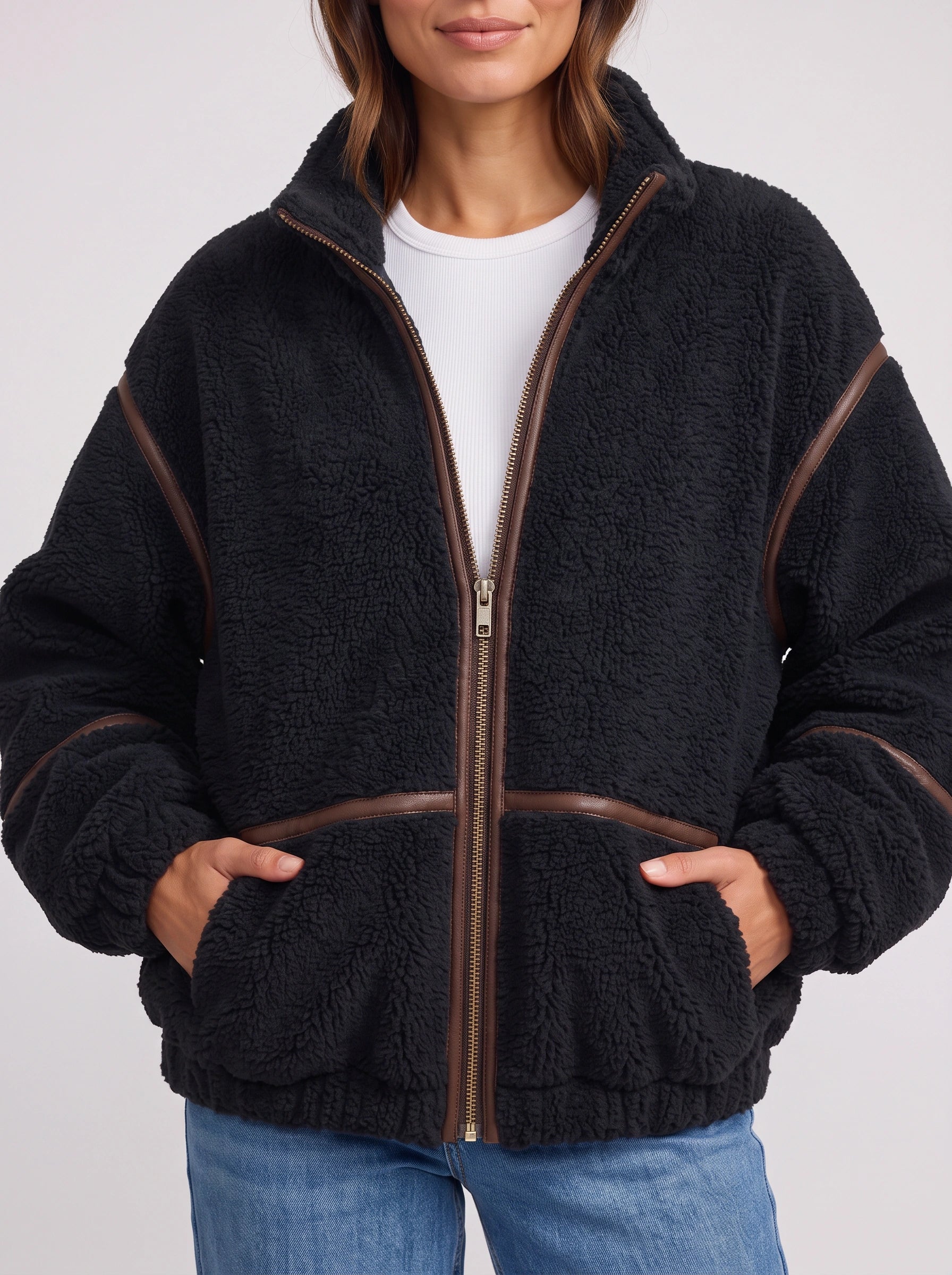 Blouson bomber oversize Trimflek en sherpa - Veste en polaire zippée pour femme, manteau décontracté d'hiver streetwear