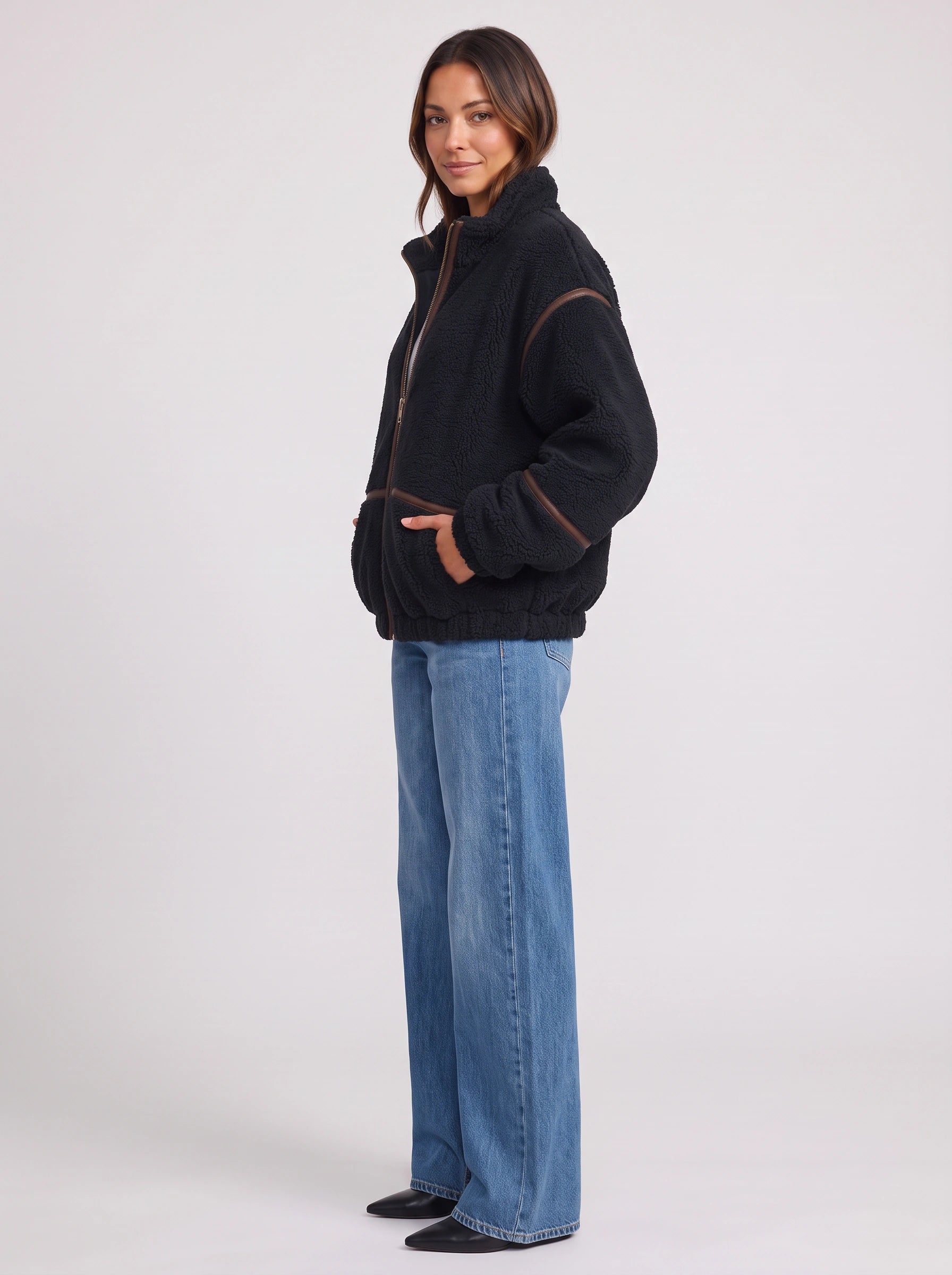 Blouson bomber oversize Trimflek en sherpa - Veste en polaire zippée pour femme, manteau décontracté d'hiver streetwear