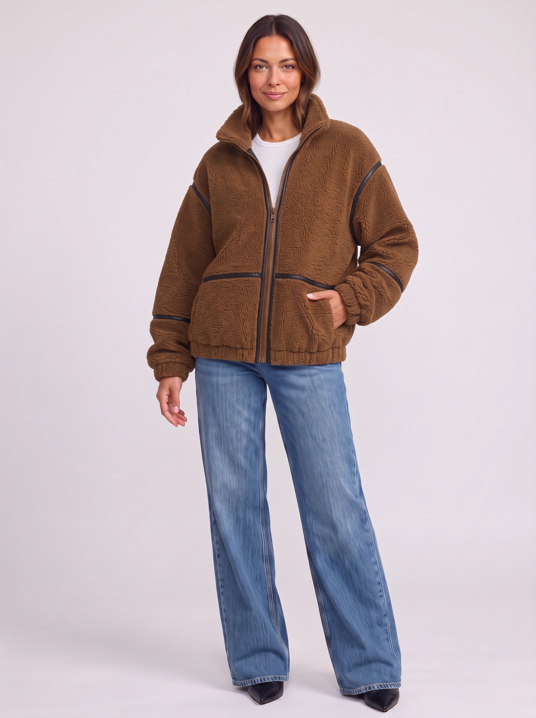 Blouson bomber oversize Trimflek en sherpa - Veste en polaire zippée pour femme, manteau décontracté d'hiver streetwear