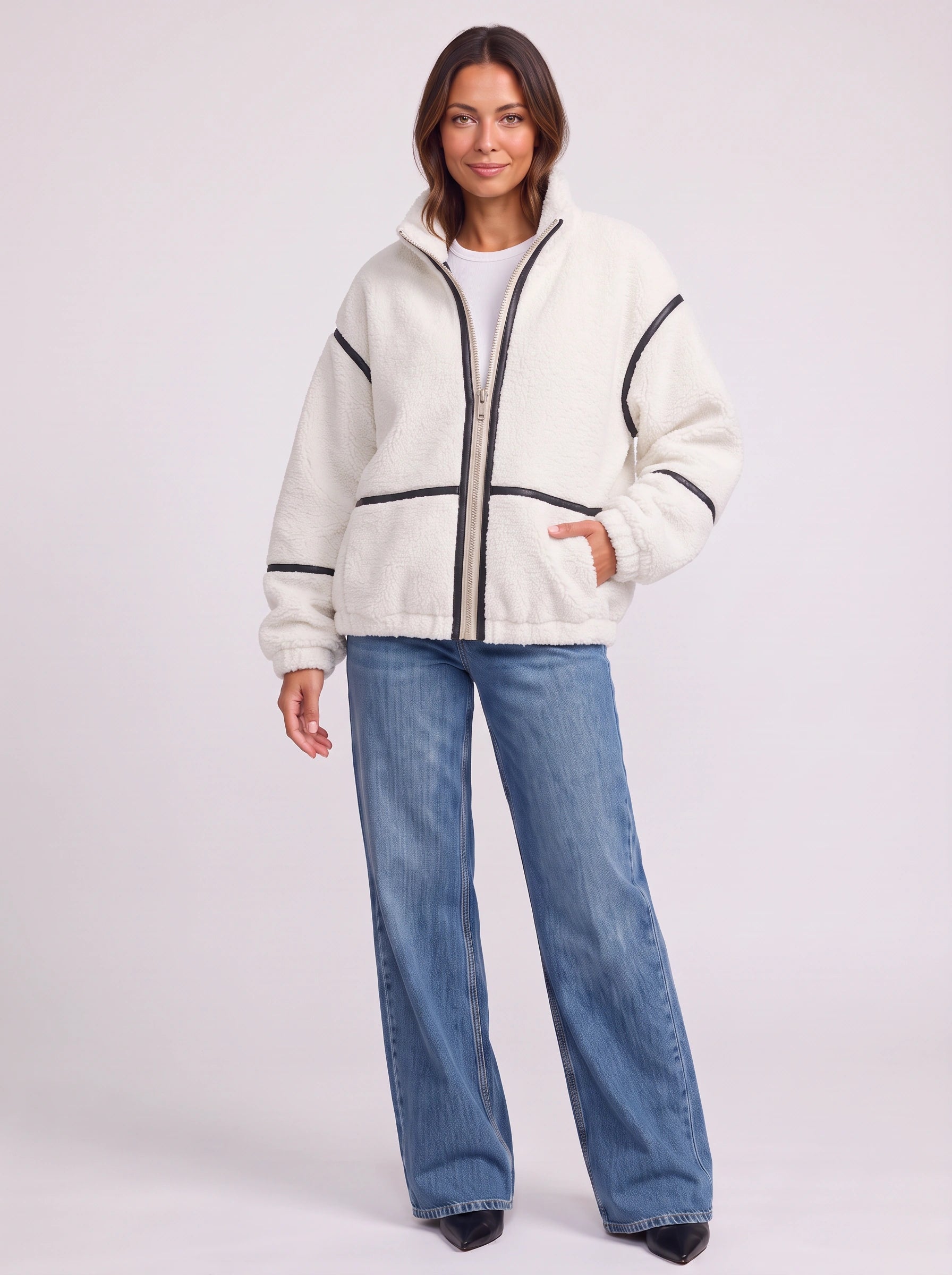 Blouson bomber oversize Trimflek en sherpa - Veste en polaire zippée pour femme, manteau décontracté d'hiver streetwear