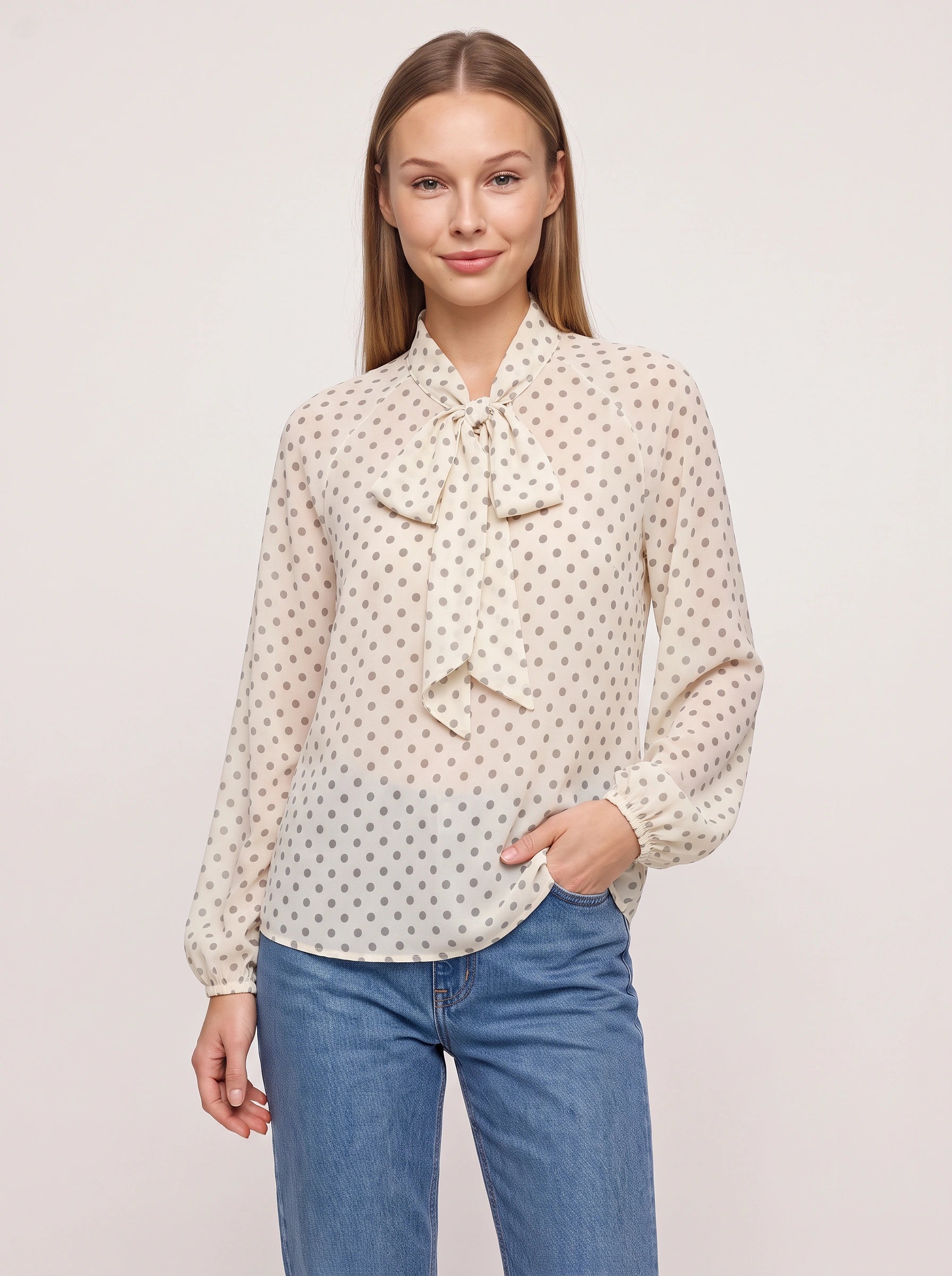 Blouse Fioccata à col lavallière et pois - Top vintage rétro à manches longues pour femme, nœud lavallière, tenue de bureau