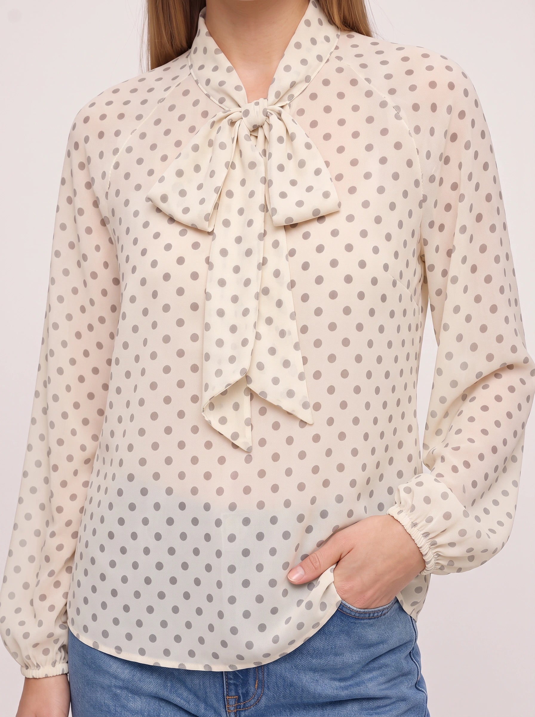 Blouse Fioccata à col lavallière et pois - Top vintage rétro à manches longues pour femme, nœud lavallière, tenue de bureau