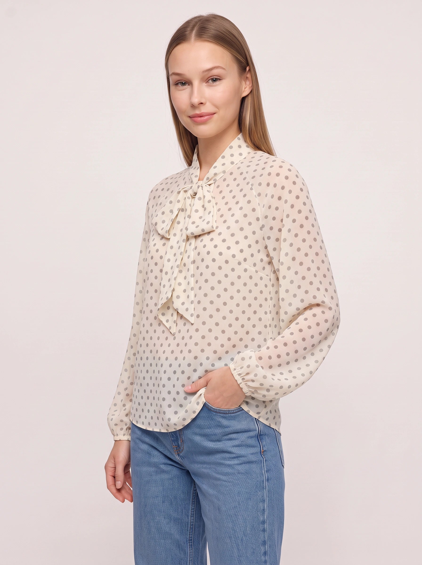 Blouse Fioccata à col lavallière et pois - Top vintage rétro à manches longues pour femme, nœud lavallière, tenue de bureau