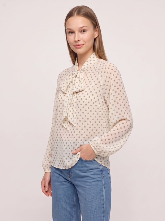 Fioccata Tie-Neck Polka Dot Blouse – Long Sleeve Pussy Bow Office Work Women Vintage Retro Polka Dot Top