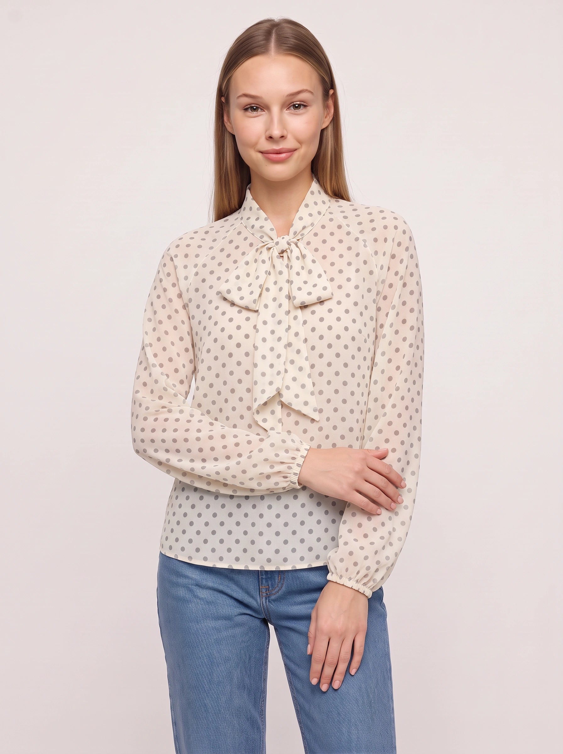 Blouse Fioccata à col lavallière et pois - Top vintage rétro à manches longues pour femme, nœud lavallière, tenue de bureau
