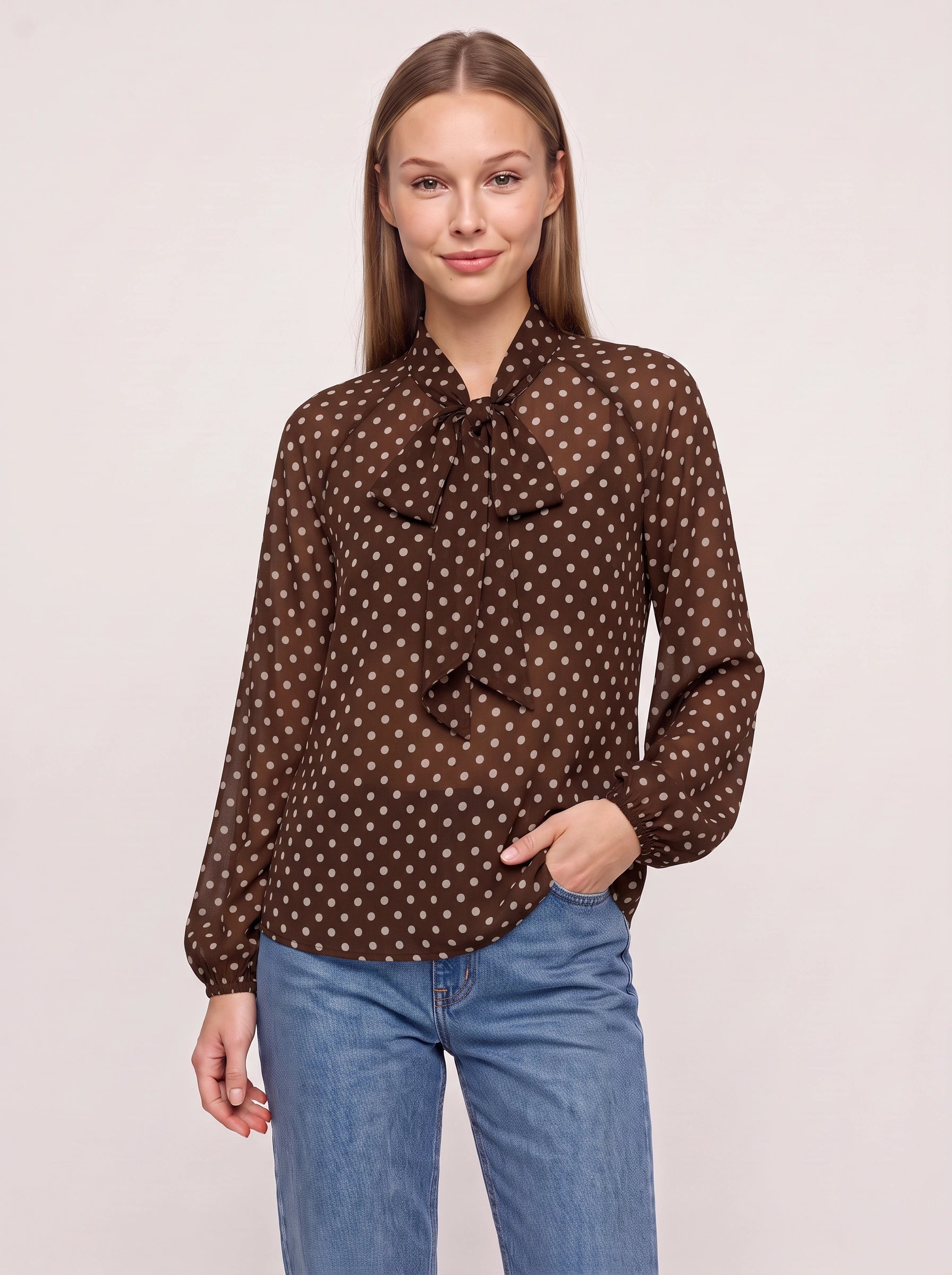 Blouse Fioccata à col lavallière et pois - Top vintage rétro à manches longues pour femme, nœud lavallière, tenue de bureau
