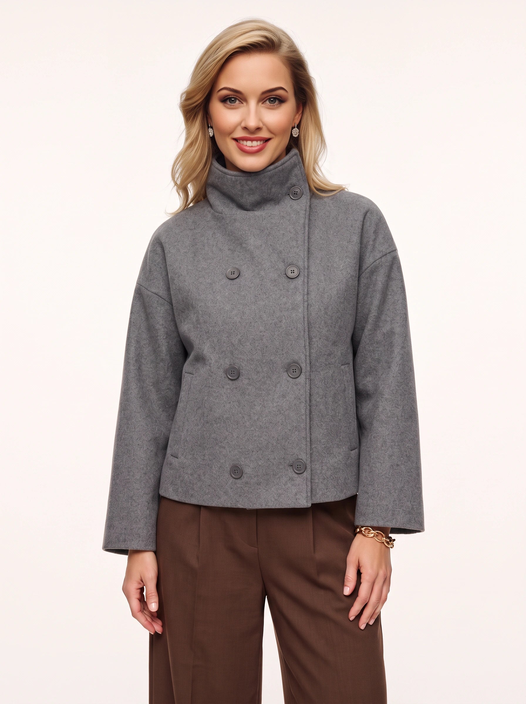 Colatex Double-Breasted Funnel Neck Jacket – Women Winter Coat Casual Outerwear Wool-Blend Tailored Jacket
