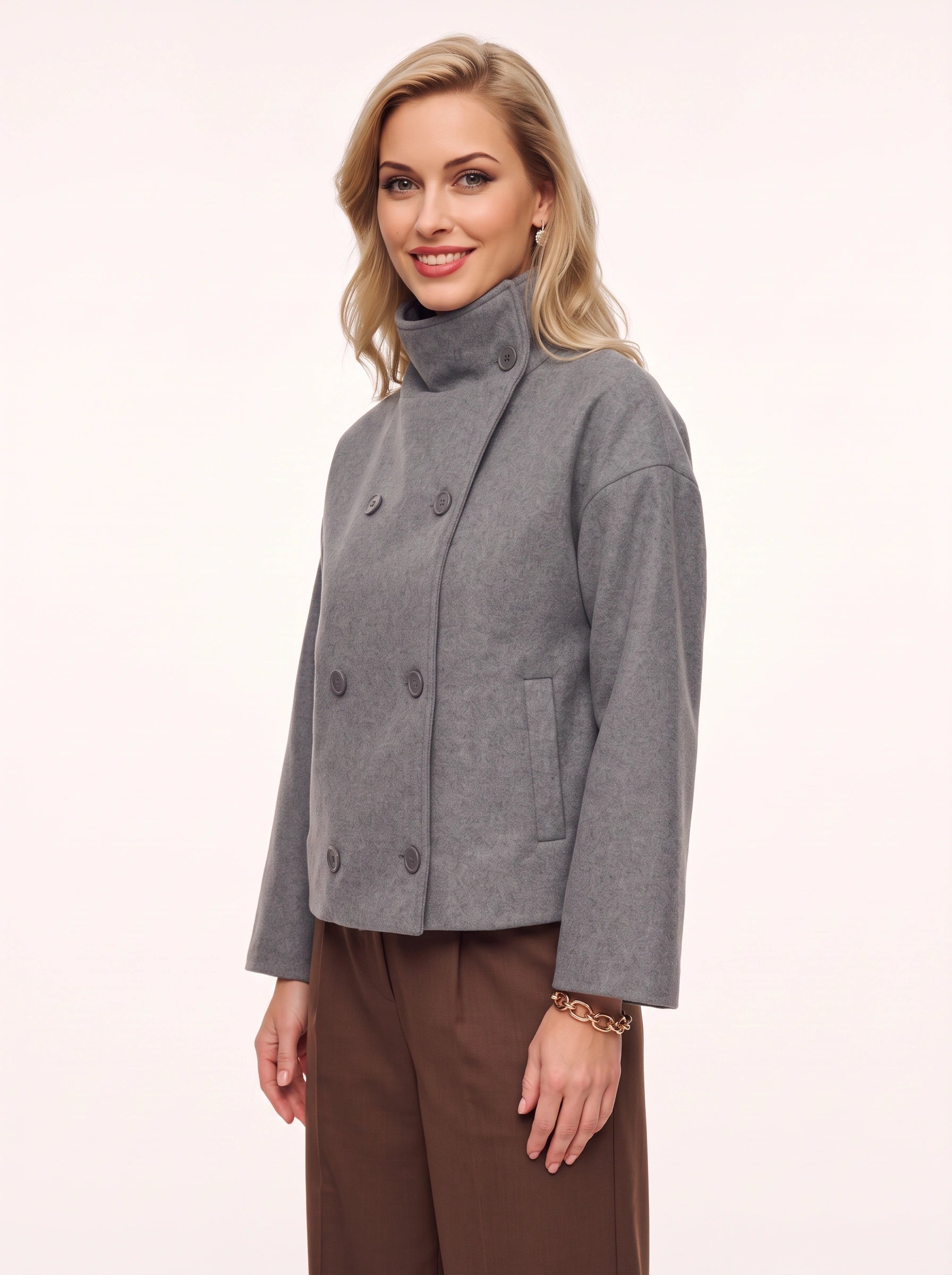 Colatex Double-Breasted Funnel Neck Jacket – Women Winter Coat Casual Outerwear Wool-Blend Tailored Jacket