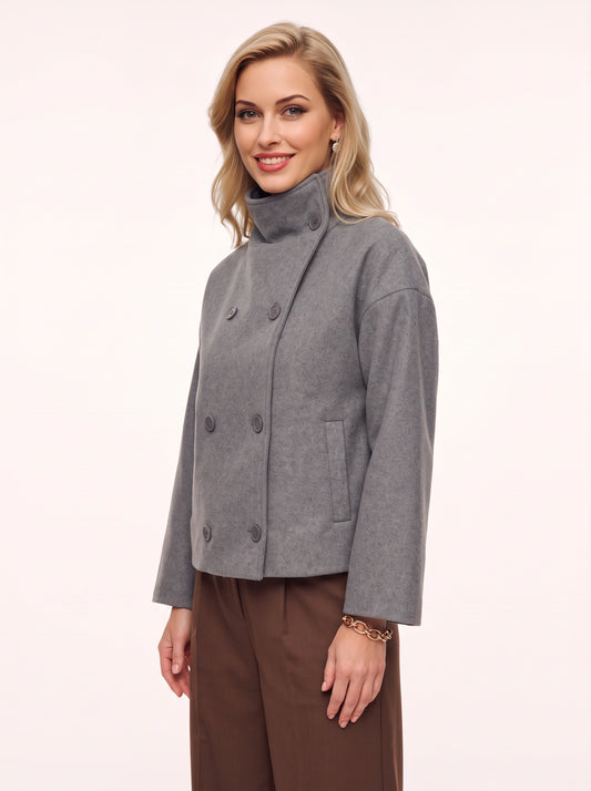 Colatex Double-Breasted Funnel Neck Jacket – Women Winter Coat Casual Outerwear Wool-Blend Tailored Jacket