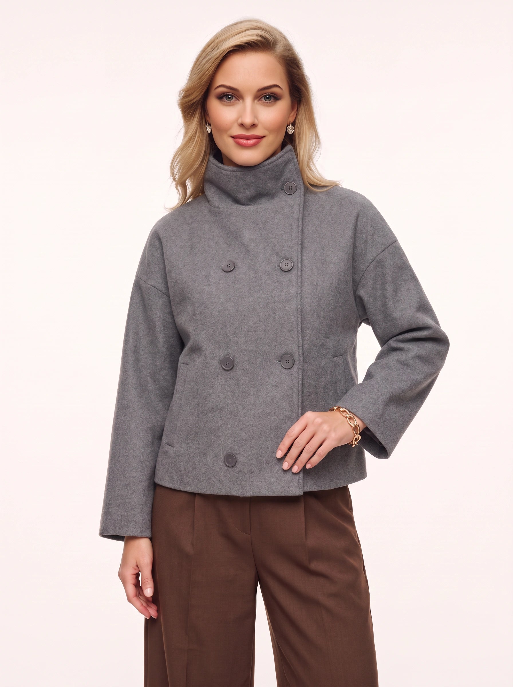 Colatex Double-Breasted Funnel Neck Jacket – Women Winter Coat Casual Outerwear Wool-Blend Tailored Jacket